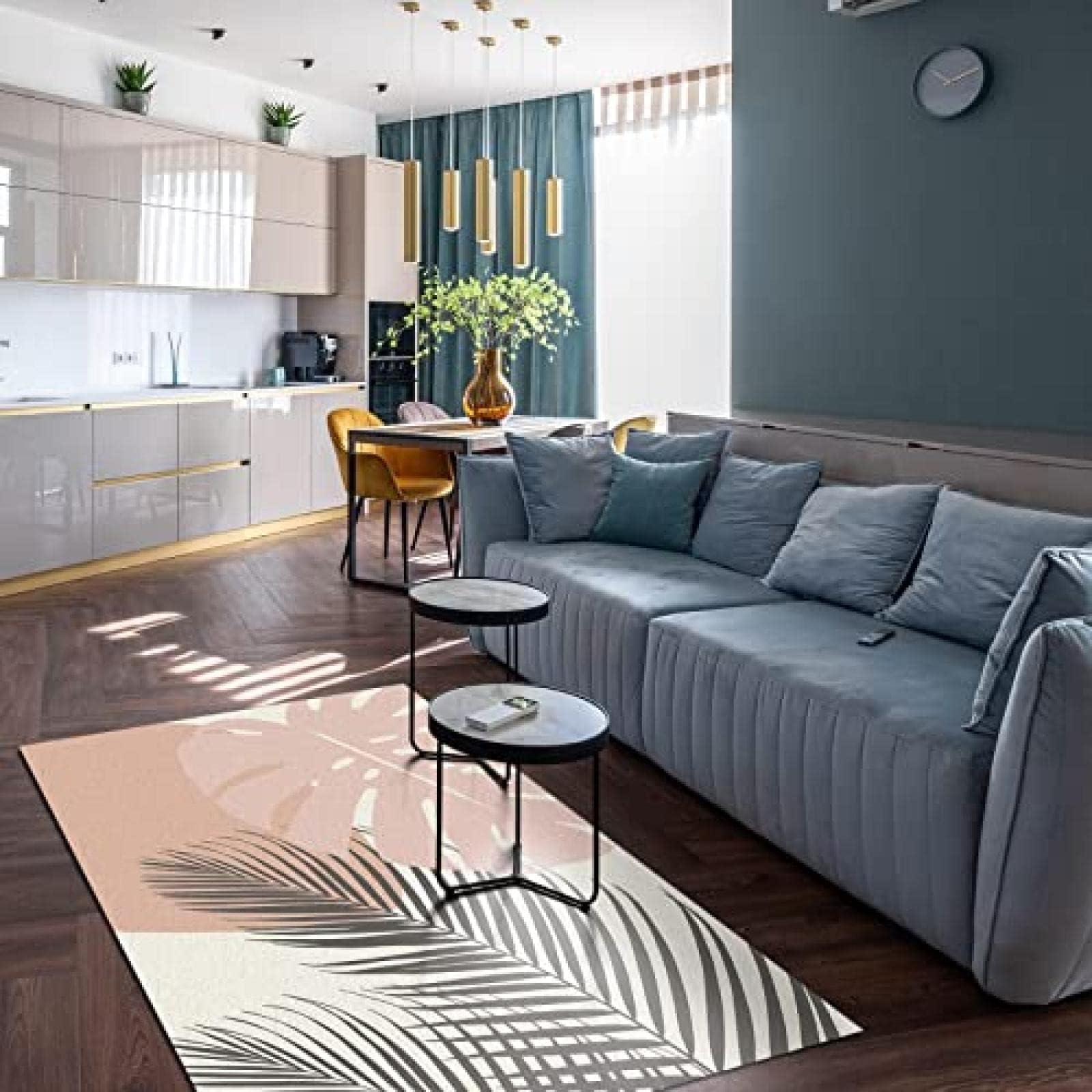 ELLECO Pink Palm Coconut Leaf Area Rugs, Tropical Leaves Banana Leaf Soft Washable Carpet, Upholstery Rug with Non-Slip Backing for Kids Boys Girls Bedroom Living Room Dining Room Study 3ftx5ft