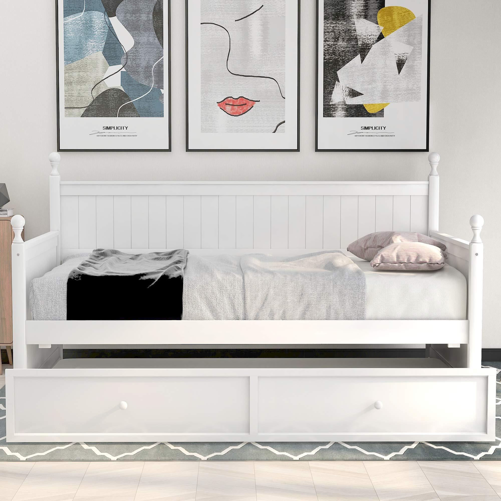 Royard Oaktree Royard Oaktree Twin Size Daybed with Trundle Wood Bed Frame with Twin Size Trundle Bed for Kids/Guest Bedroom Modern Sofa Bed for Living Room, No Box Spring Required, White