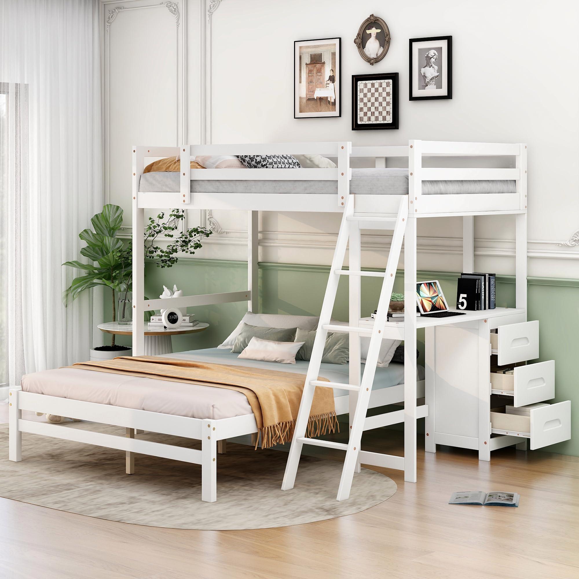 YOPTO YOPTO Twin Over Full Bunk Bed with Built-in Desk and Three Drawers,Pine Wood Convertible Twin Over Full L-Shaped Loft Bunk Bed Frame for Kids Teens Adults,White