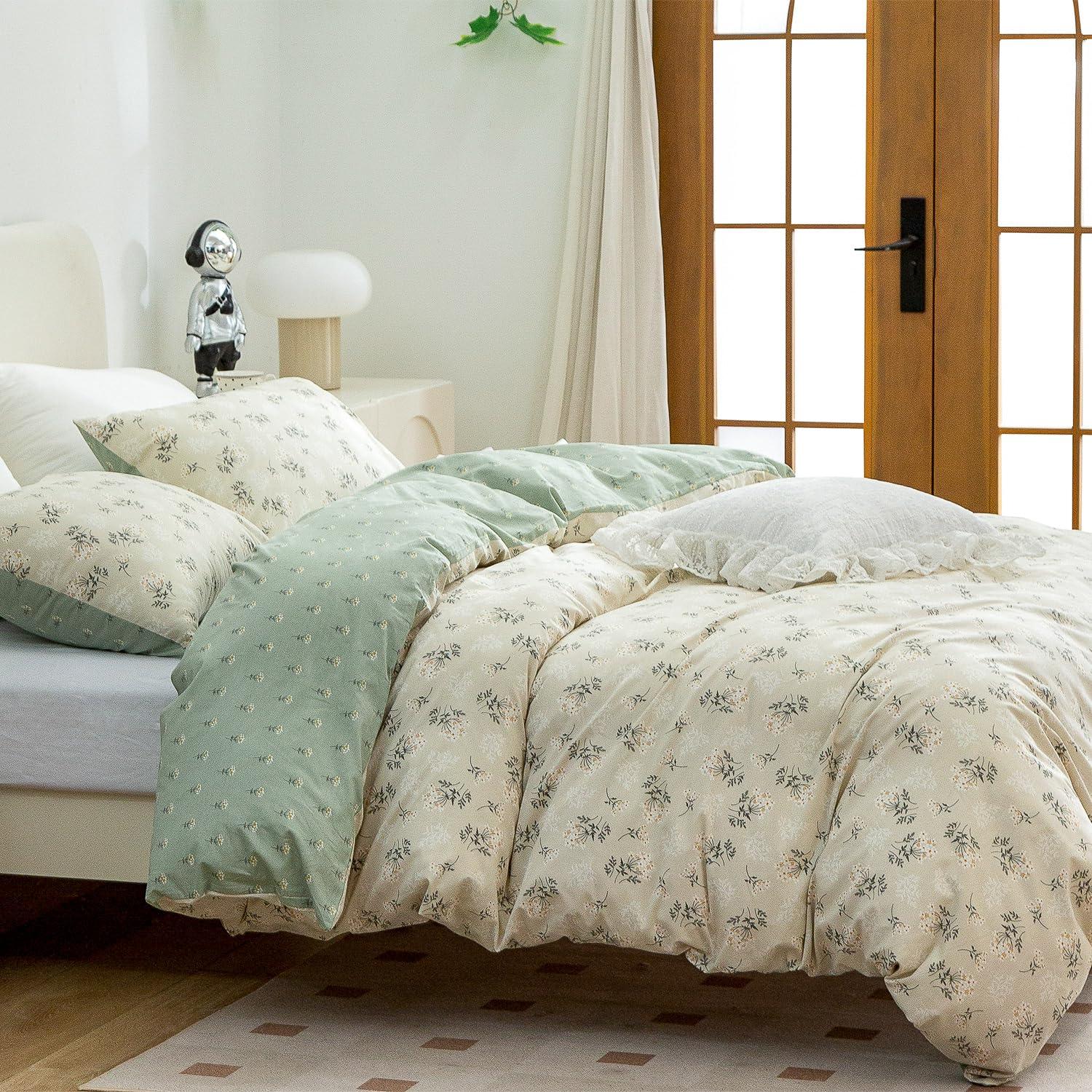 Jane yre Duvet Cover Twin Floral, 100% Cotton 3 Pieces Floral Bedding Set Twin, Garden Style Green Flower Pattern Floral Duvet Cover Twin, with Zipper Closure, Luxury Soft Breathable Comfy (Floral, Twin)