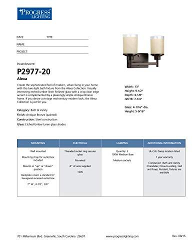 Progress Lighting Progress Lighting Alexa Collection 2-Light Etched Umber Linen with Clear Edge Glass Modern Bath Vanity Light Antique Bronze