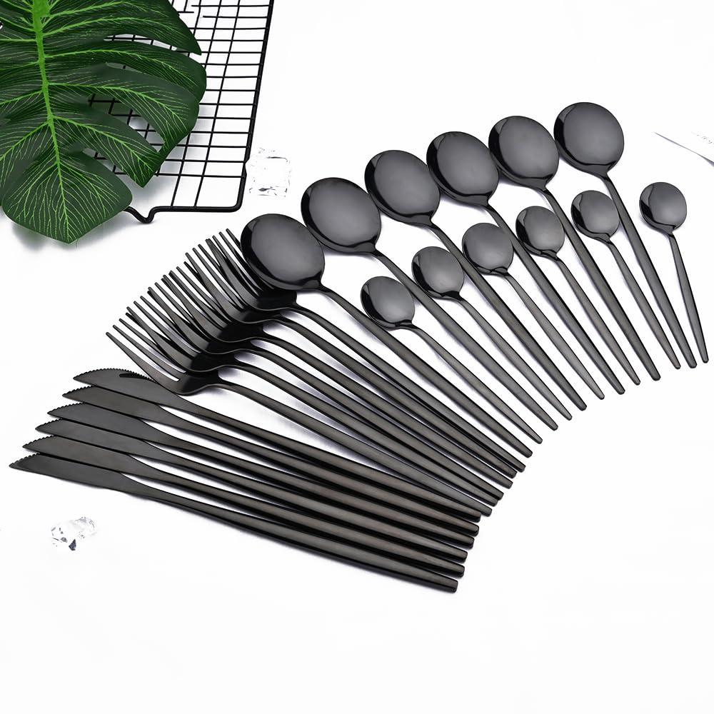 BRIIEC 24pcs Black Dinnerware Flatware Set BRIIEC Stainless Steel Cutlery Set Fork Knife Spoon Tableware Set Silverware Set Service for 6 Mirror Polished, Dishwasher Safe
