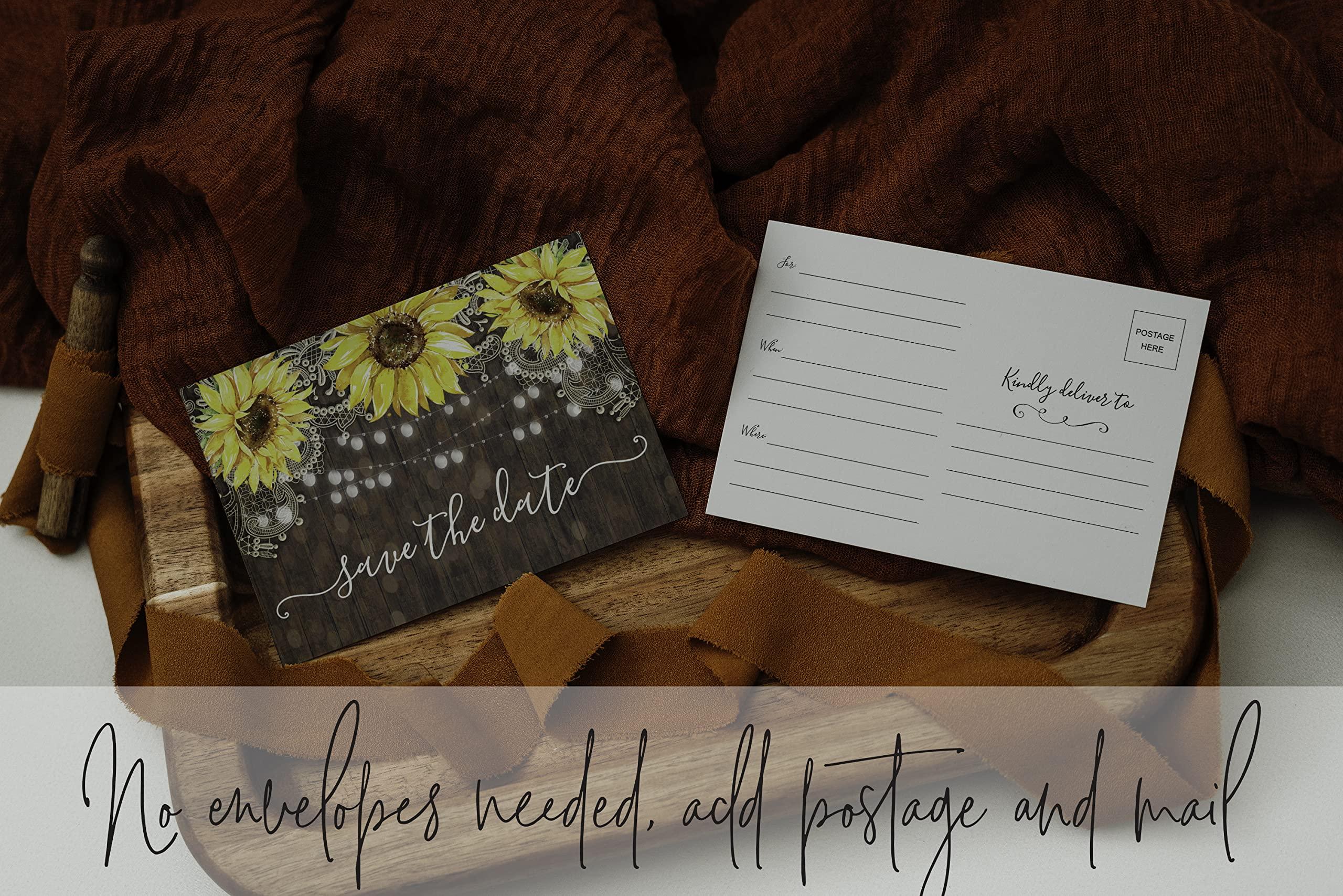 Your Main Event Prints Your Main Event Prints 50 Sunflower Save The Date Cards for Wedding, Engagement, Anniversary, Baby Shower, Birthday Party - Wood Save The Dates Postcard Invitations - 4x6, No Envelopes Needed