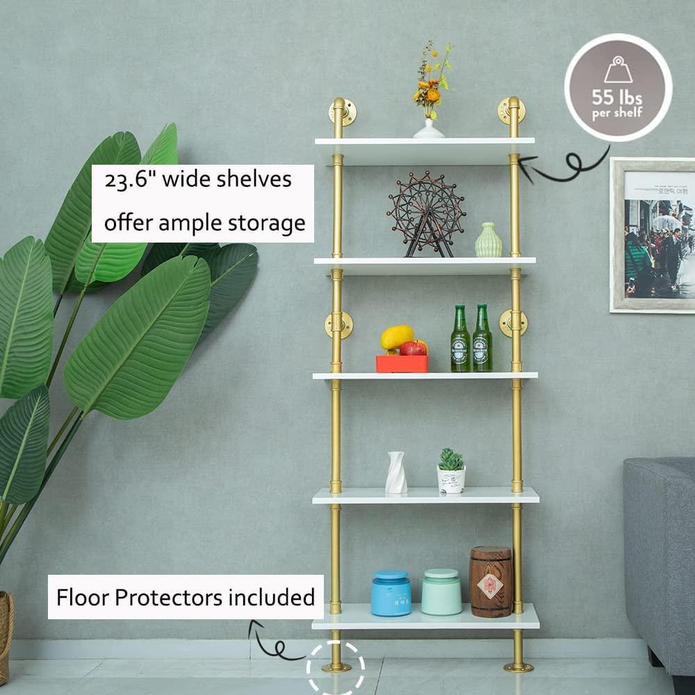 HEONITURE HEONITURE 5 Shelf Modern Gold Bookshelf, Wall Mount White Bookcase, Ladder Shelf with Metal Frame, Display Shelf Shelves for Living Room/Home/Office