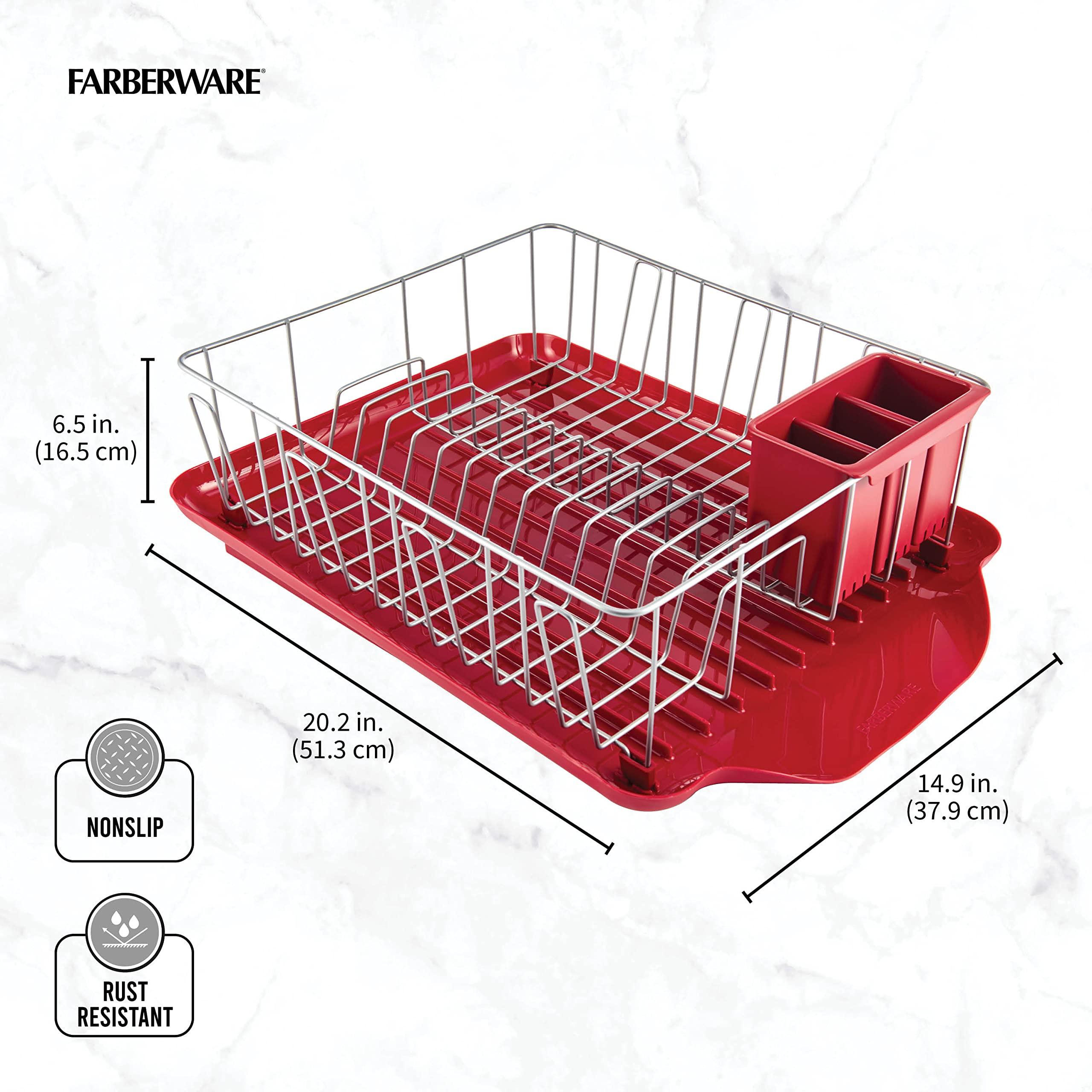Farberware Farberware Classic Large Rust Resistant Full Dishrack with Removable 3 Compartment Flatware Caddy, Andlged Drain Board, 3-Piece, Red