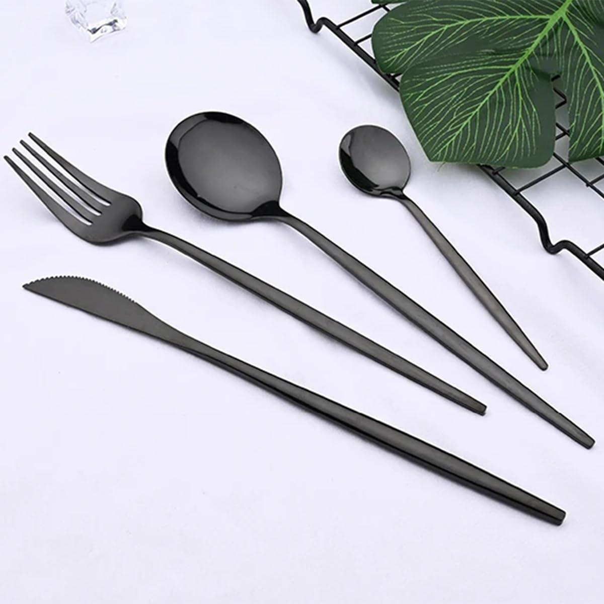 BRIIEC 24pcs Black Dinnerware Flatware Set BRIIEC Stainless Steel Cutlery Set Fork Knife Spoon Tableware Set Silverware Set Service for 6 Mirror Polished, Dishwasher Safe