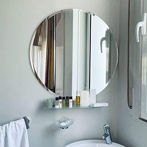 Fab Glass and Mirror Fab Glass and Mirror Frameless Round Safety Backing 1" Beveled Edge Mounted with Hooks-Wall Mirror for Bedroom, 30" x 30", White