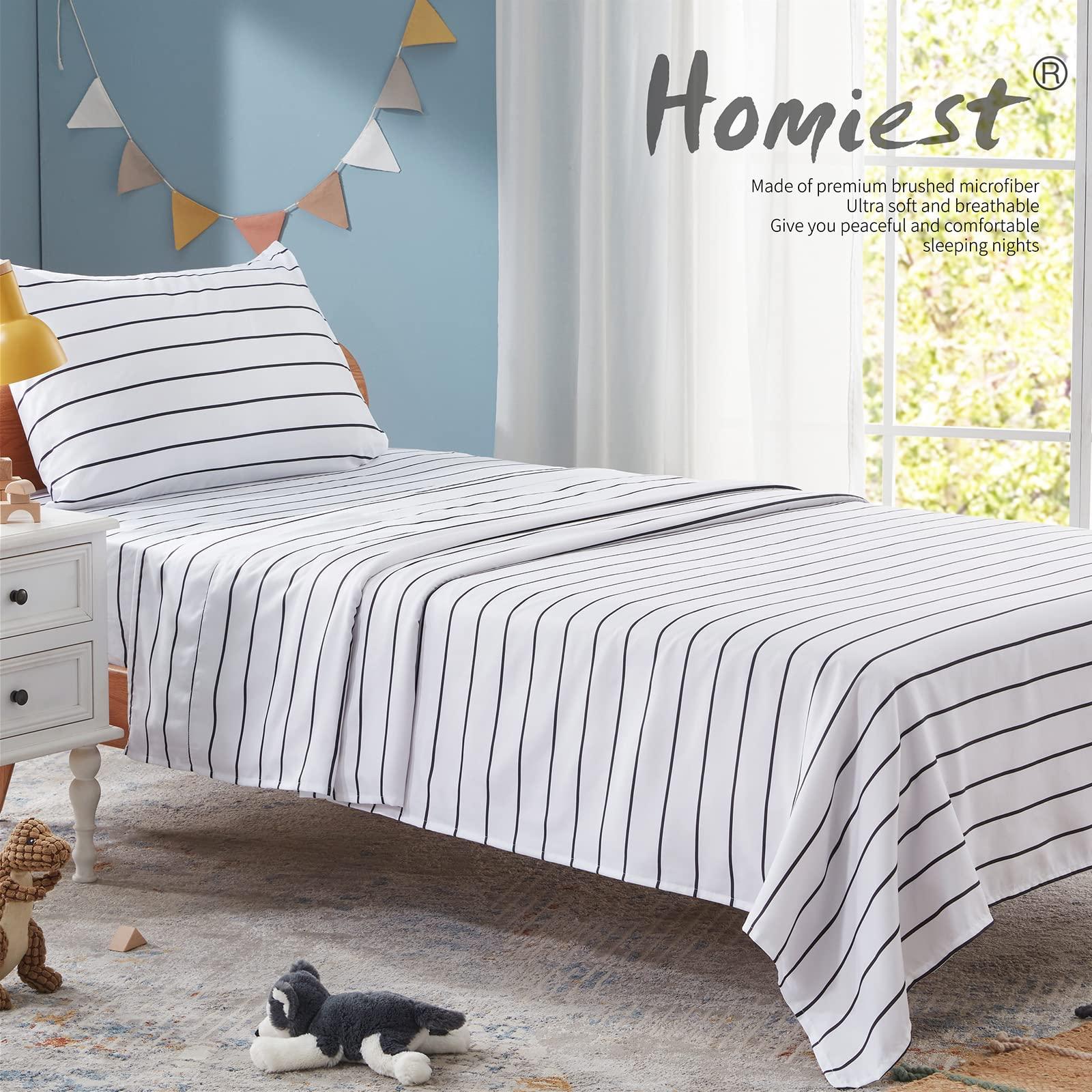 Homiest Homiest 3pcs White and Black Sheets Twin Size Bed Set Microfiber Sheet Set, Horizontal Stripe Bed Sheets Cute Soft Bedding Set, Deep Pocket Twin Sheets Stripe Printed Sheets for Kids Teen Boys Adults