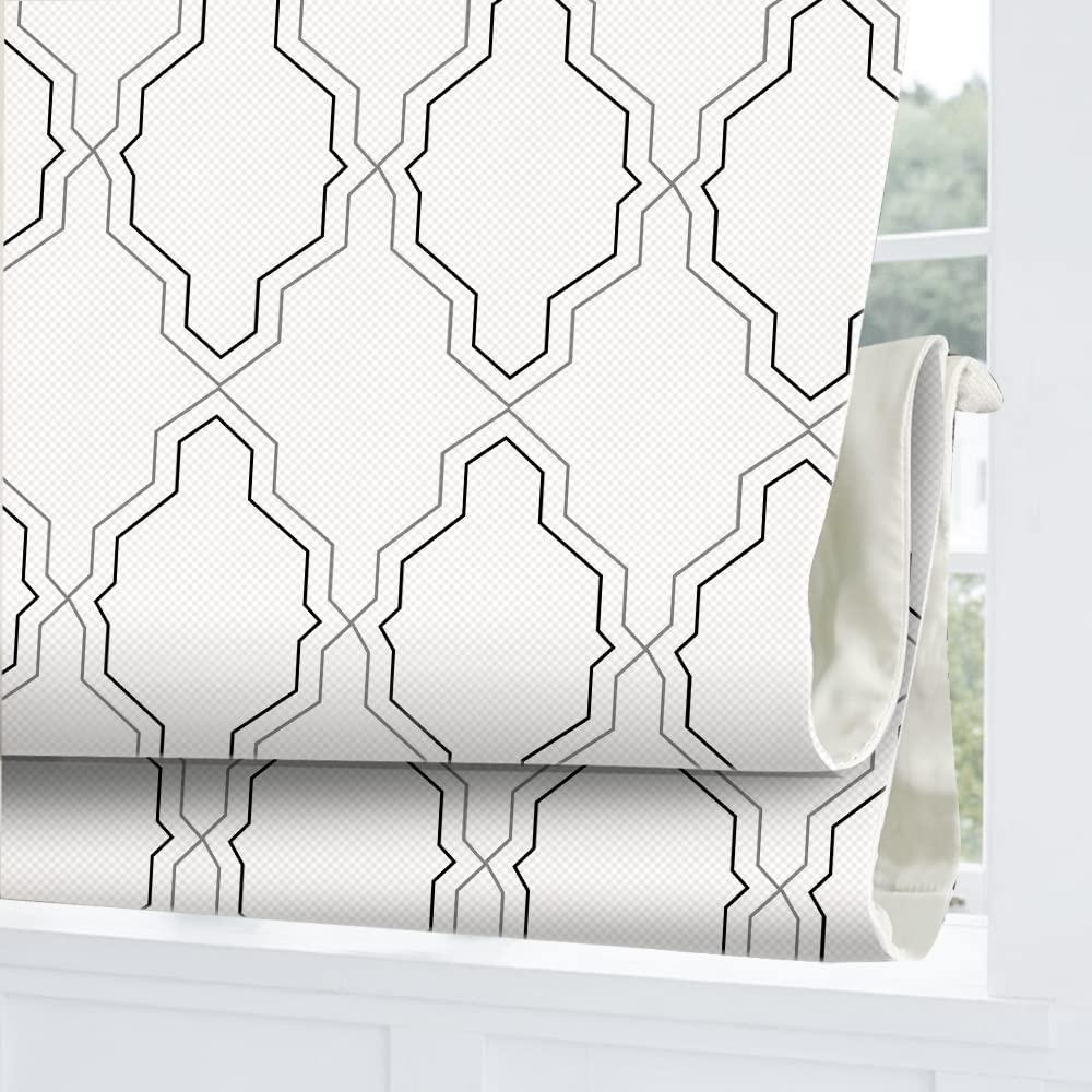 WindowLady Roman Shades Window Blinds, White Premium Blackout Window Roman Shades, Custom Washable Fabric Geometric Roman Shades for Windows, Doors, French Doors, Kitchen Windows