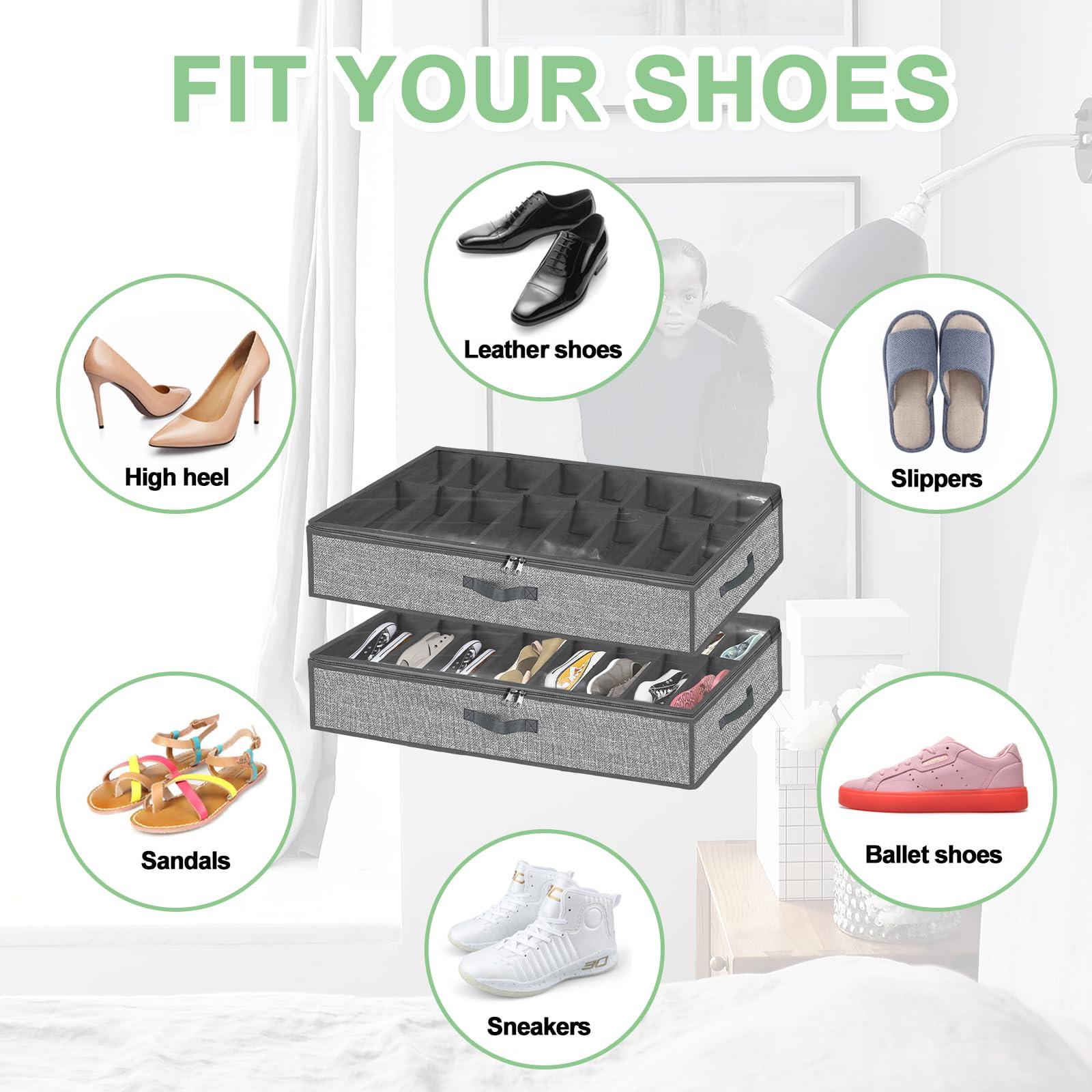 homyfort 32 Pairs Shoe Organizer Under Bed, Underbed Shoe Storage Boxes Bins, Organizador De Zapatos, Extra Large Zapateras Organizer, Grey, Set of 2