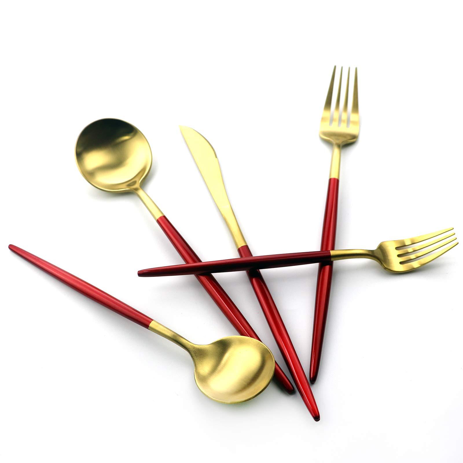 Gugrida Gugrida 20 Pieces Matte Gold Red Handle 18/10 Stainless Steel Silverware Set, Flatware Set Titanium Black Cutlery Set, Utensils Set for Home Restaurant Service Set for 4, Dishwasher Safe (Red Gold)