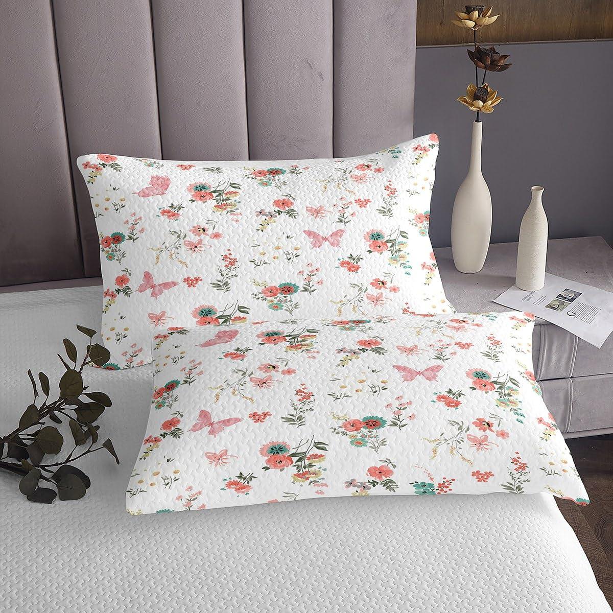 Manfei Cartoon Butterfly Kids Bedspread King Size,Flowers Leaves Plants Rustic Country Coverlet Set,Boys Girls Adults Room Decor,Floral Animals Boho Quilted Coverlet,Romantic Bedding Quilt,2 Pillowcases