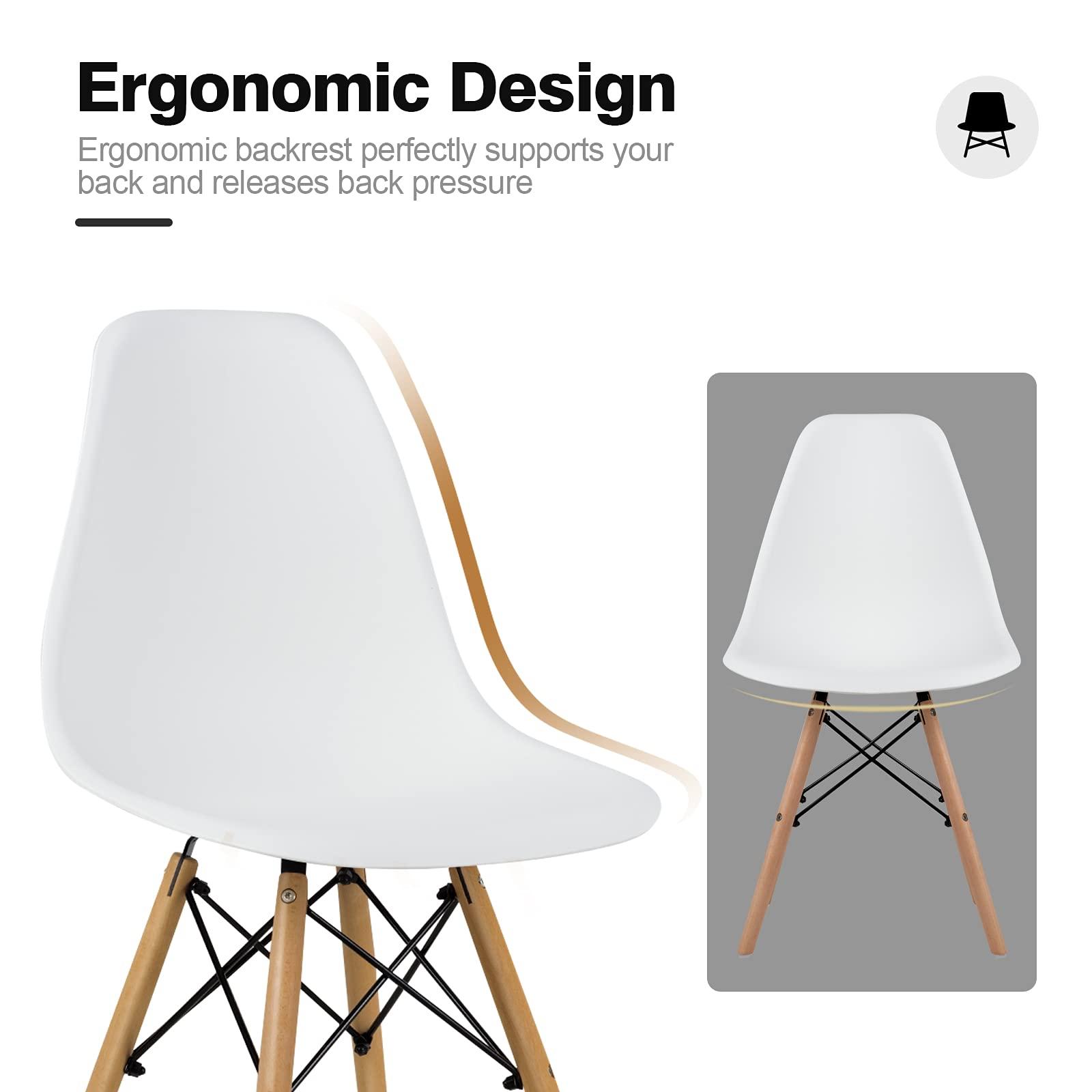 ERGOMASTER ERGOMASTER DSW Chairs Set of 4 Pre Assembled Modern Dining Chair with Sturdy Wooden Legs, Shell Lounge Plastic Chairs for Dining, Kitchen, Bedroom & Living (Set of 4 & White)