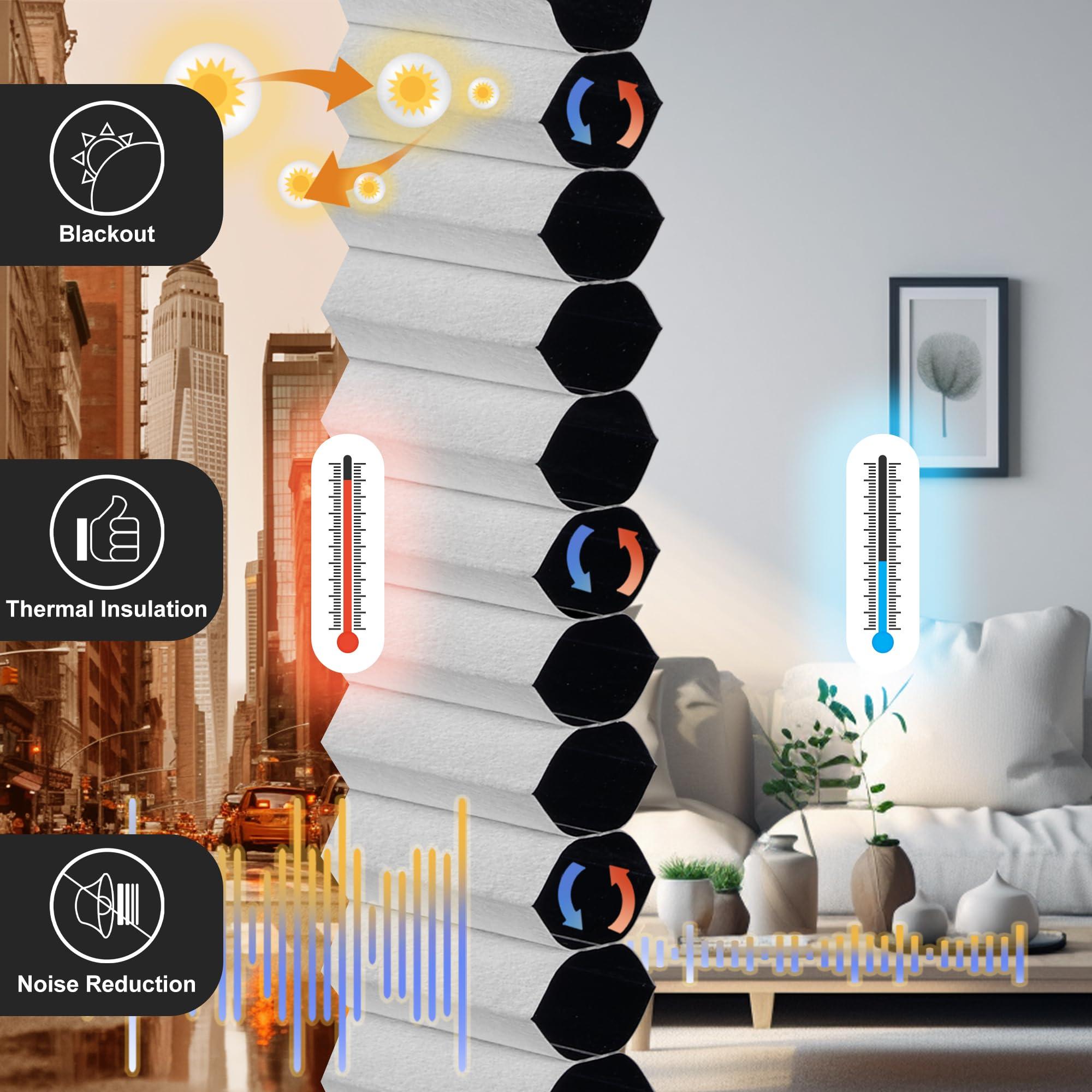 Boolegon Boolegon No Drill No Tools Cellular Shades Top Down Bottom Up Honeycomb Blinds Blackout Cordless Window Blinds Easy to Install Cellular Shade for Windows,Blackout-White,39.5" W x 48" H