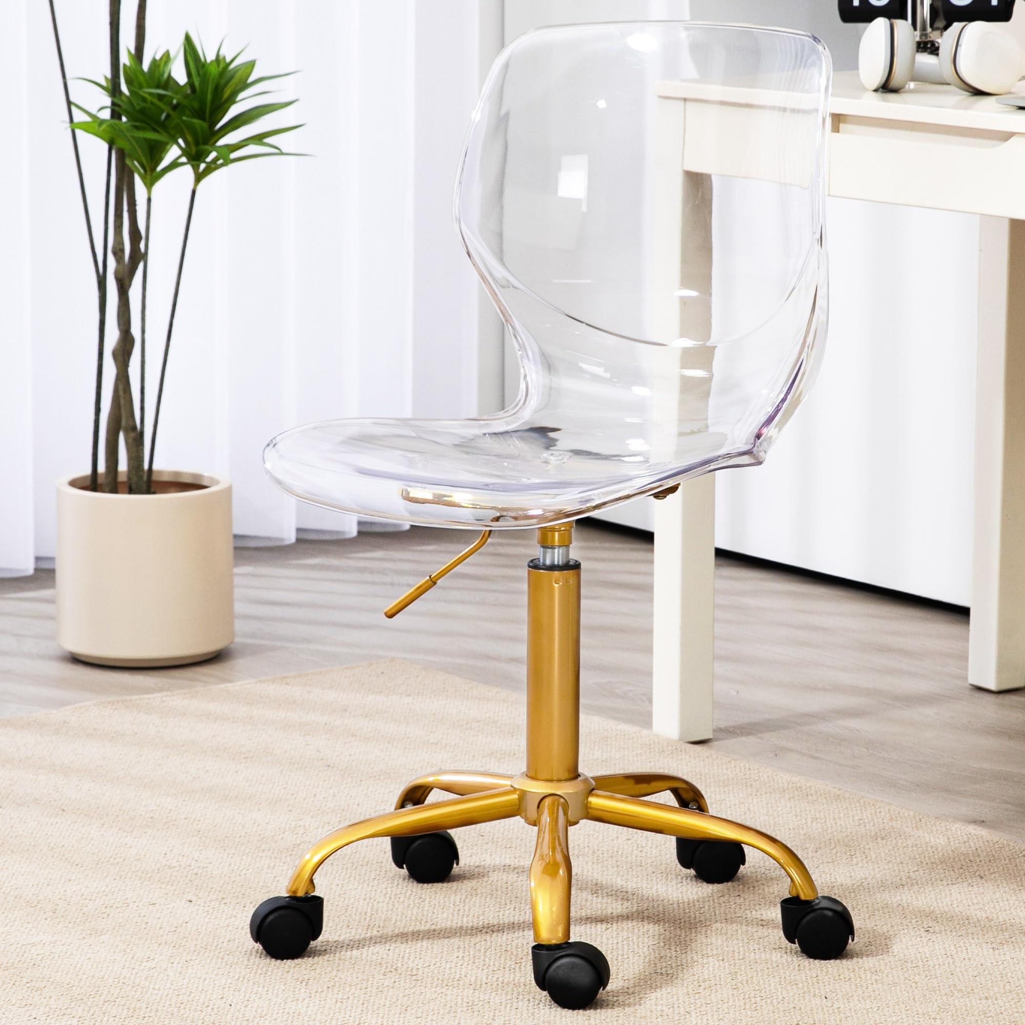 Villeston Villeston Acrylic Clear Desk Chair, Modern Small Cute Armless Vanity Rolling Plastic Chair Home Office Lucite Ghost Curved Chairs Padded with Golden Legs and Adjustable Height, Gold