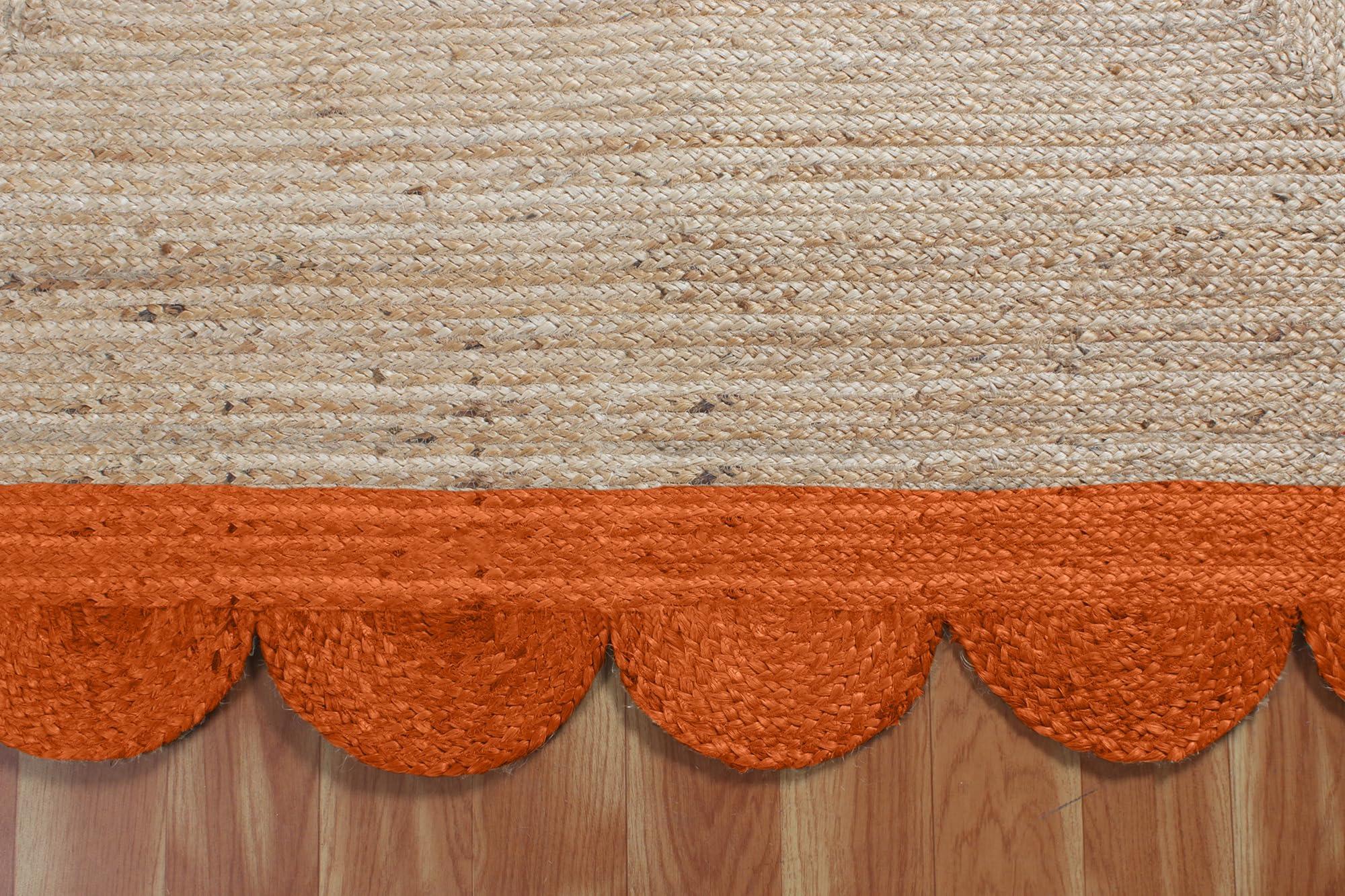 CASAVANI CASAVANI Scalloped Edge Rug, Braided Natural Jute Fiber Area Rug, 9x9 Ft Square Beige & Orange Woven Kilim Rug for High Traffic Area Living Room, Kitchen, Entryway, Farmhouse