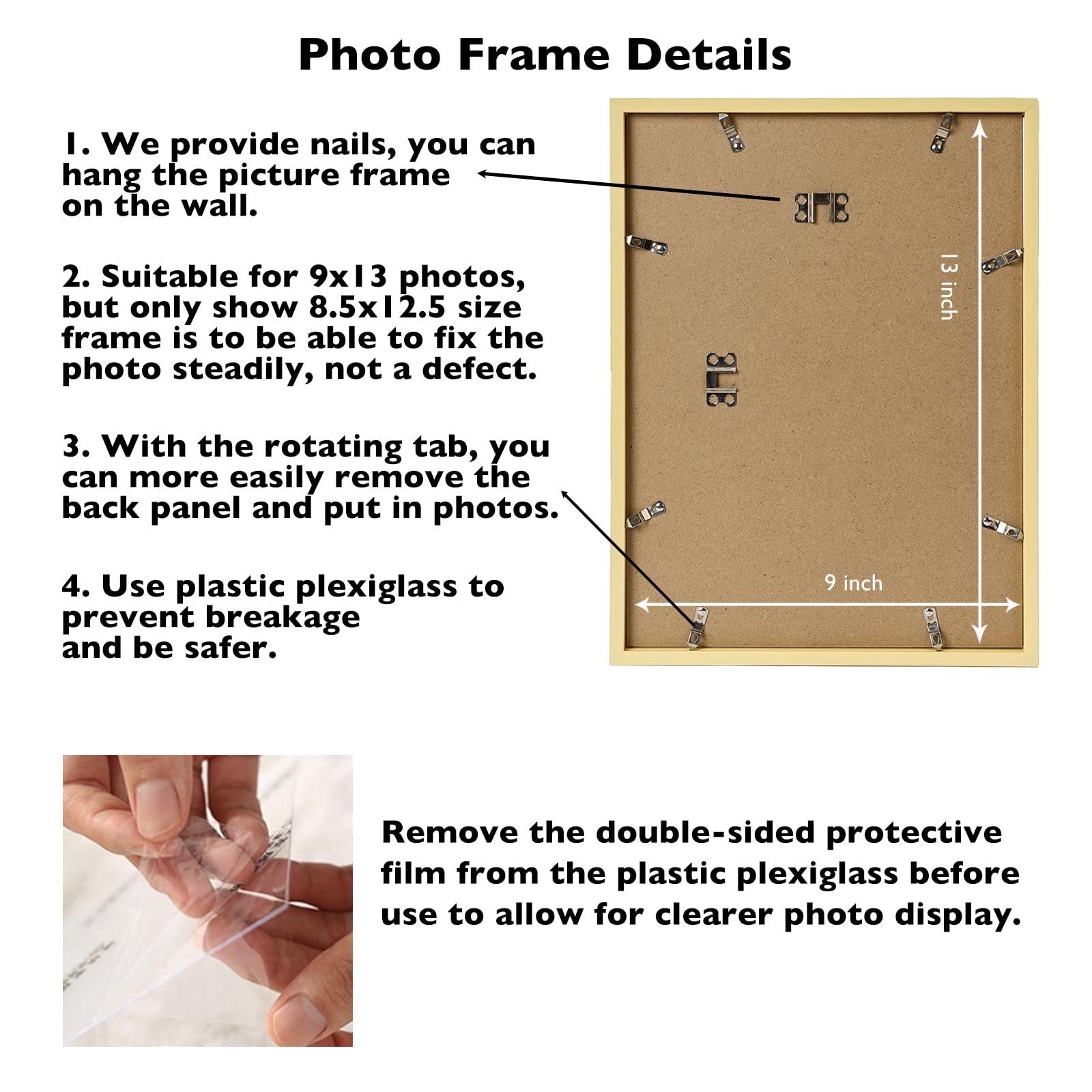 JCJMY JCJMY 9x13 Picture Frame Gold for Wall Hanging, Wall Mounting Horizontally or Vertically, 9 x 13 Wall Gallery Poster Photo Frame with Shatter Resistant Plexiglass, Gold