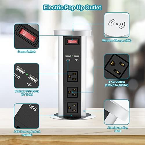 QBA Automatic Pop Up Power Outlet, Popup Wireless Charging Station with 3AC Plugs + 2 USB, Pop up Electrical Outlets for Countertops, Recessed Hidden Outlet for Kitchen Island Conference (Silver Black)