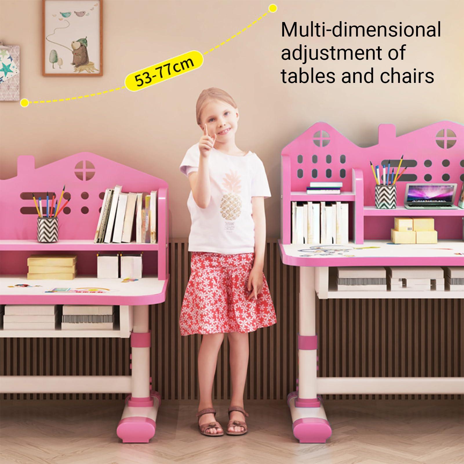 HEVIRGO Children Learning Desk and Chair Set Pink Desk Set Height Adjustable with Drawers and Storage Compartments Curved Desktop Cartoon Learning Desks and Chairs Reading/Learning/Writing for Girls (Pink)