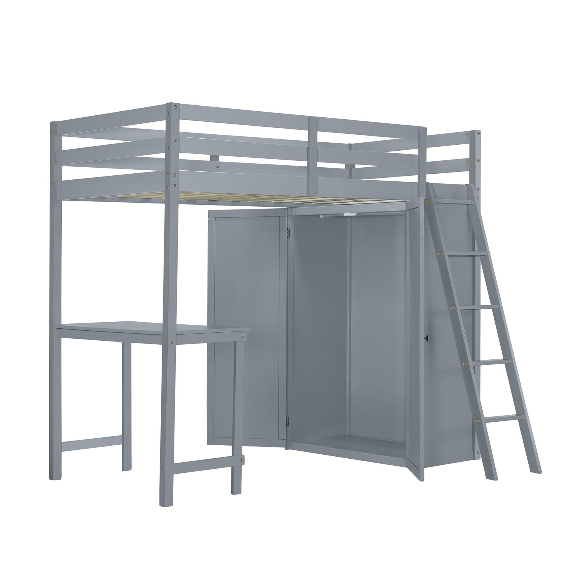 PAHKEN PAHKEN Wood Loft Bed with Wardrobe and Desk,Twin Bed Frame