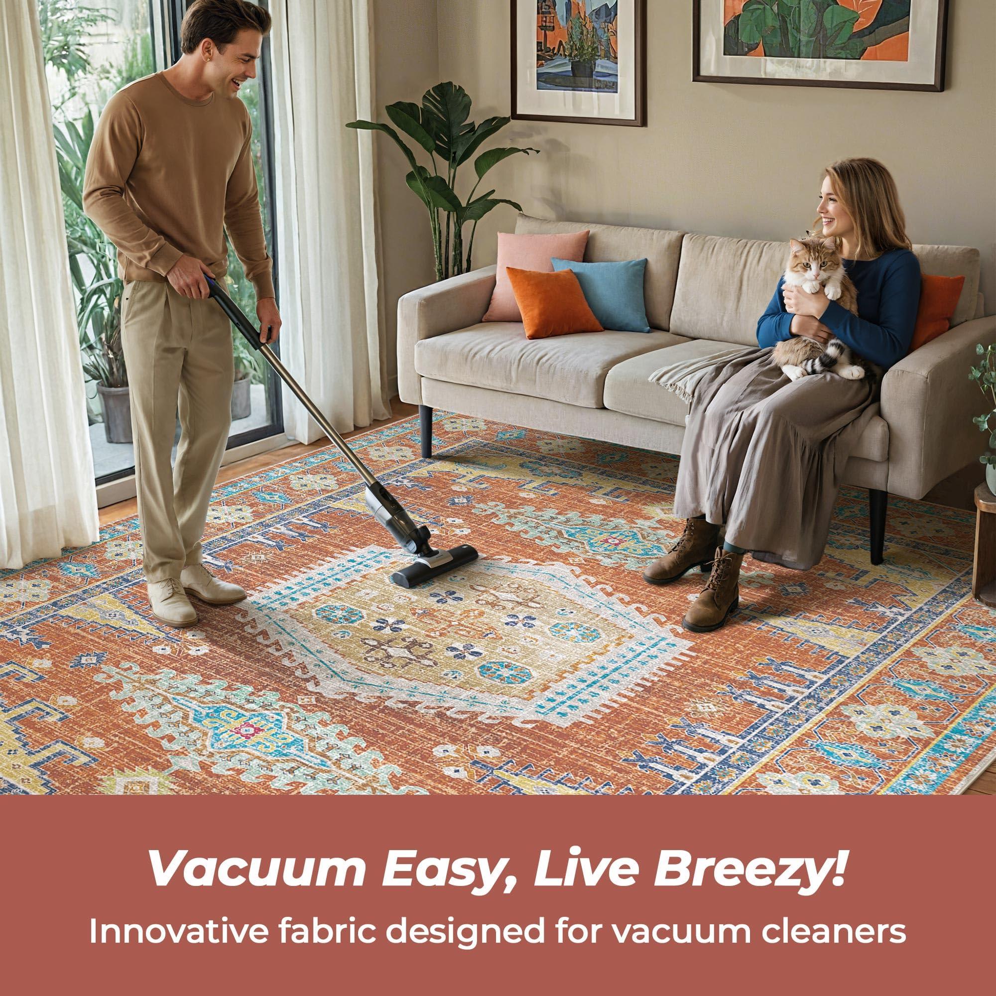 Kokia Kokia Area Rugs Living Room 9x12 Ultra-Thin No Pile Washable Maple Red Large Area Rug Bedroom Geometric Tribal Distressed Lightweight Carpet for Dining Room Home Office