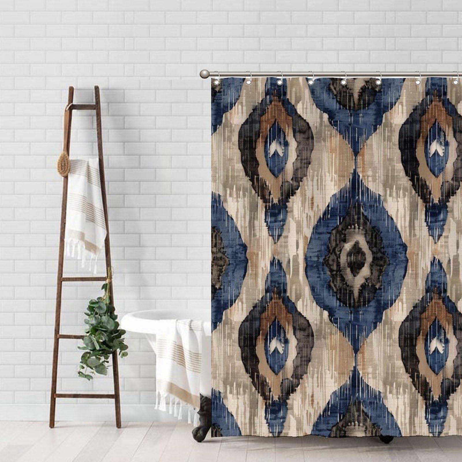 Yinrune Yinrune Indigo Ikat Abstract Blue Waterproof Polyester Fabric Shower Curtain with Hooks, 60x72 Inch Shower Curtains Bathroom Curtains Decor, Shower Curtain Sets Machine Washable