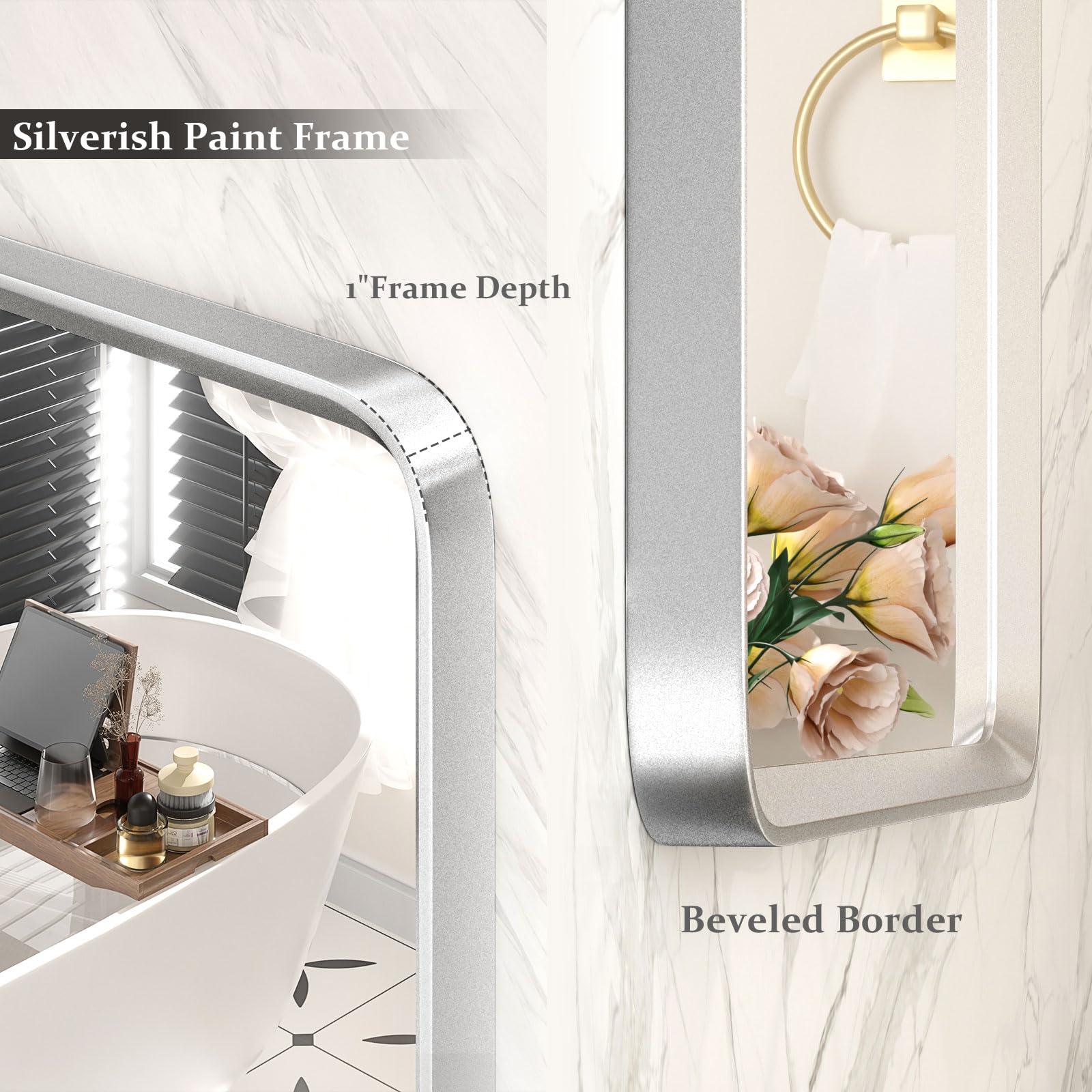 GOLOMO GOLOMO 48x36 Inch Silver Bathroom Mirror for Wall, Silver Metal Framed Bathroom Vanity Mirror, Modern Rounded Rectangle Mirror, Shatterproof, Anti-Rust (Horizontal/Vertical)