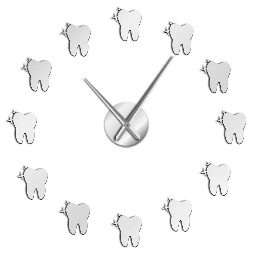 yuandd yuandd Teeth 3D Mirros Stickers Modern Design Tooth Style DIY Large Wall Clock Dental Office Wall Decor Silent Non Ticking Big Clock Silve 37 Inch(90cm), Silver