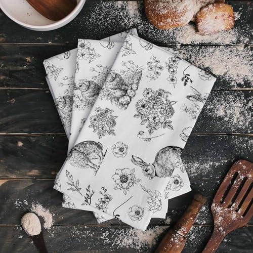 Kewadony Kewadony Spring Easter Kitchen Towels 4 Pack Dish Towels for Kitchen, Black and White Floral Botanical Bunny Absorbent Microfiber Hand Towels for Bathroom, Soft Tea Towels Bar Towels, 18 x 28 Inch
