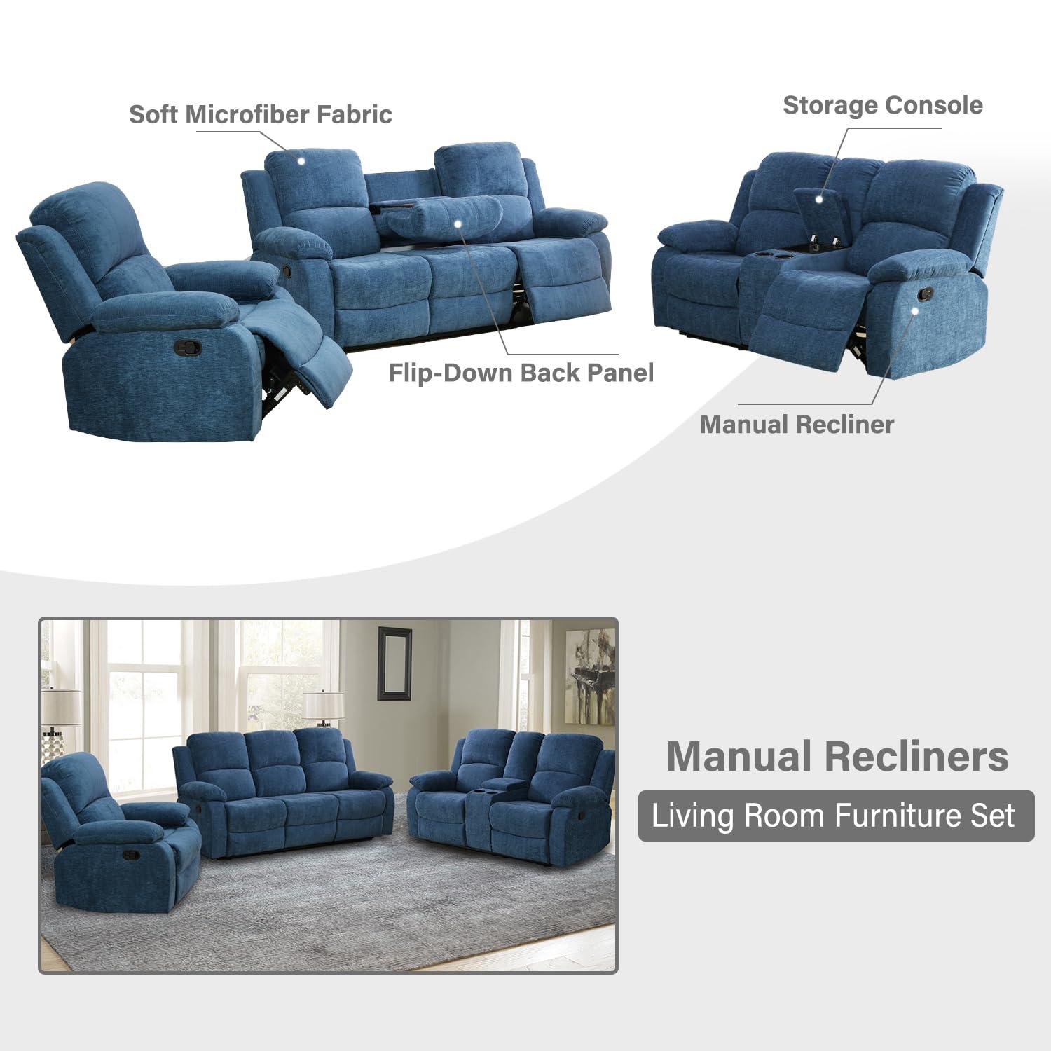 GEBADOL GEBADOL Manual Recliner Sofa, 3 Seater Reclining Sofa, Blue Flannel Recliner Couch for Living Room