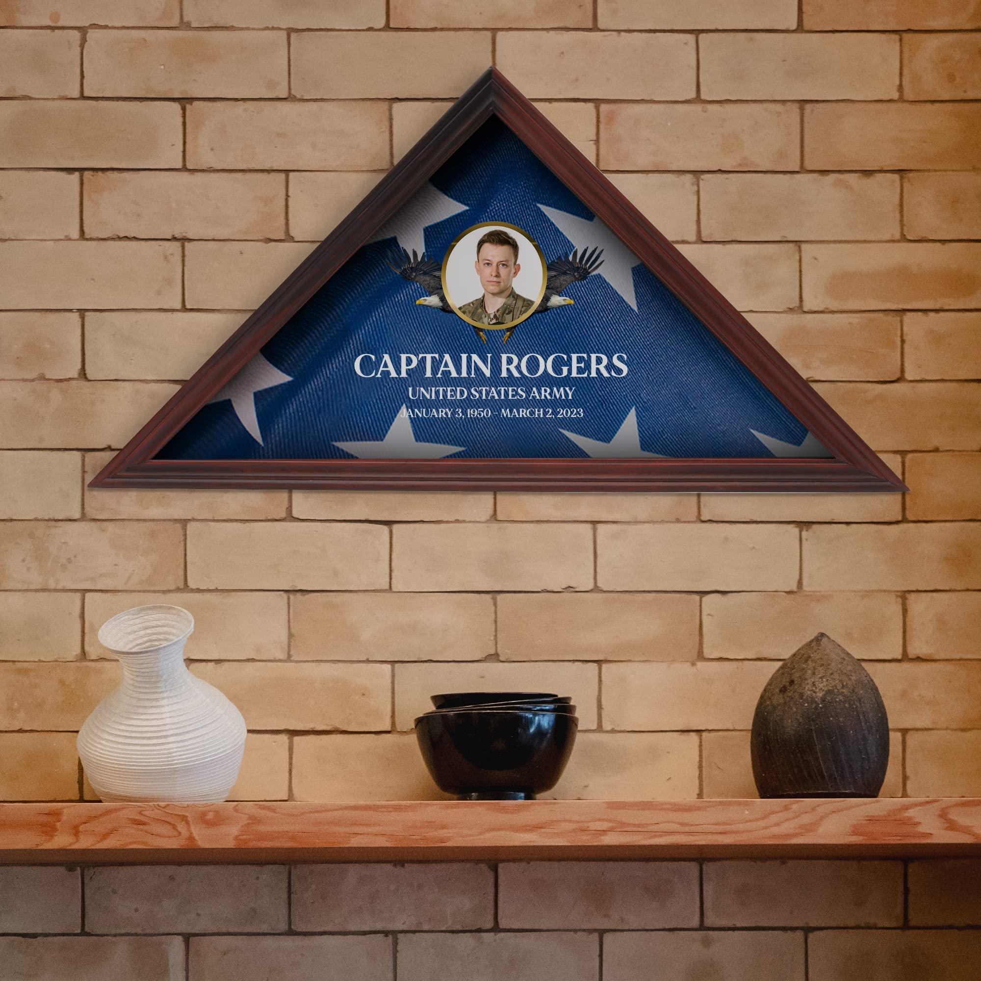 Basic Fundamentals Solid Wood Personalized Flag Box for American Veteran Flag, 9.5 X 5 Feet Full Color, UV Printed Display Case for Burial Flag, Flag Box Display Case with Glass Front for Folded Flag, Cherry (Design 5)