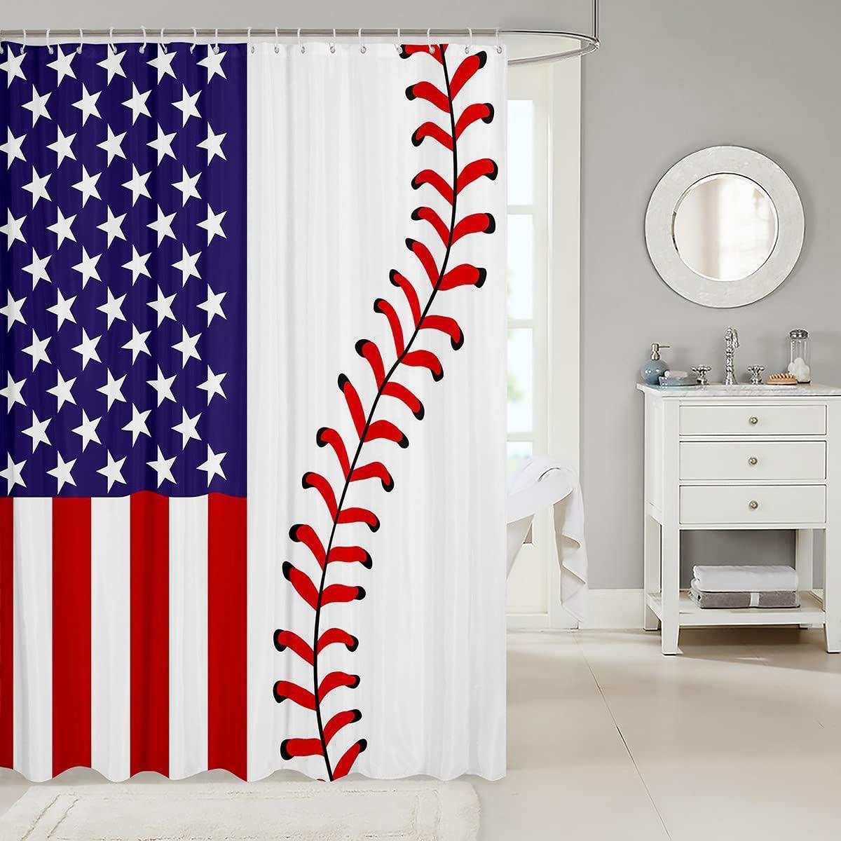 Homewish American Flag Shower Curtains,Abstract Baseball Bathroom Curtains for Kids Teens Adult,Ball Games Waterproof Bath Curtains,with 12 Hooks Suits for Bathtub, 72\" W x 78\" L,Red and White