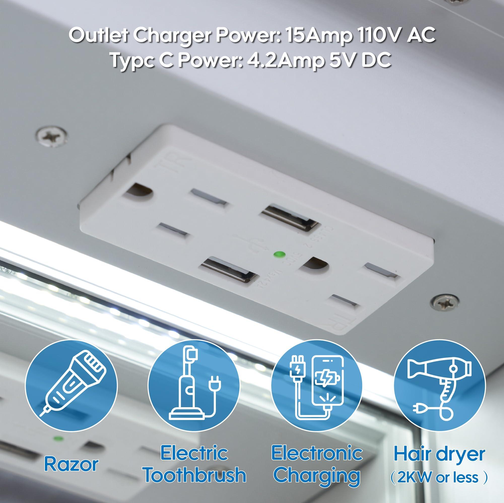 WELLFOR WELLFOR 30\" X 30\" Medicine Cabinet with Lights, 3X Magnification, Anti-Fog Mirrored Cabinet, Bathroom Vanity Medicine Cabinet with Outlets & USB Ports, Double Doors