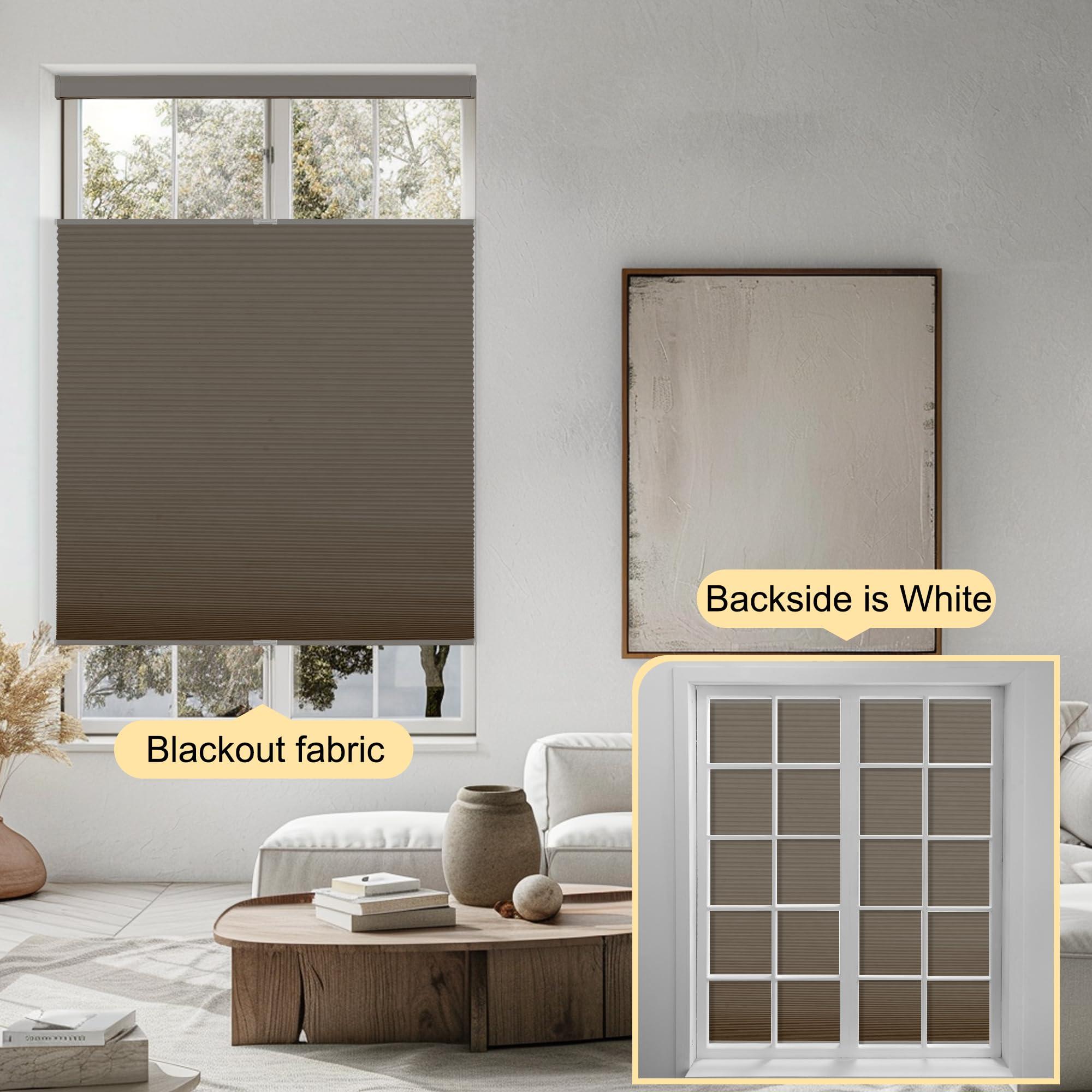 BERISSA BERISSA Top Down Bottom Up Cordless Cellular Shades Pull Down Blackout Room Darkening Window Shades Honeycomb Blinds for Windows and Skylights,Brown,81" W x 36" H