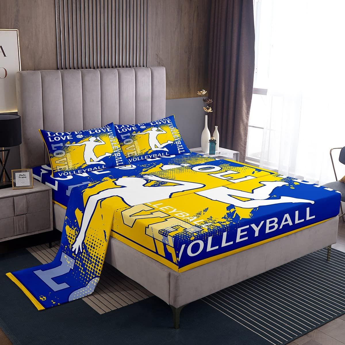 Homewish Volleyball Player Kids Sheet King Size,Sports Games Competition Lover Bedding Set,Girls Boys Adults Room Decor,Yellow Graffiti Fashion Blue Chic Bed Sheet Set 4pcs(Fitted + Flat + 2 Pillowcases)