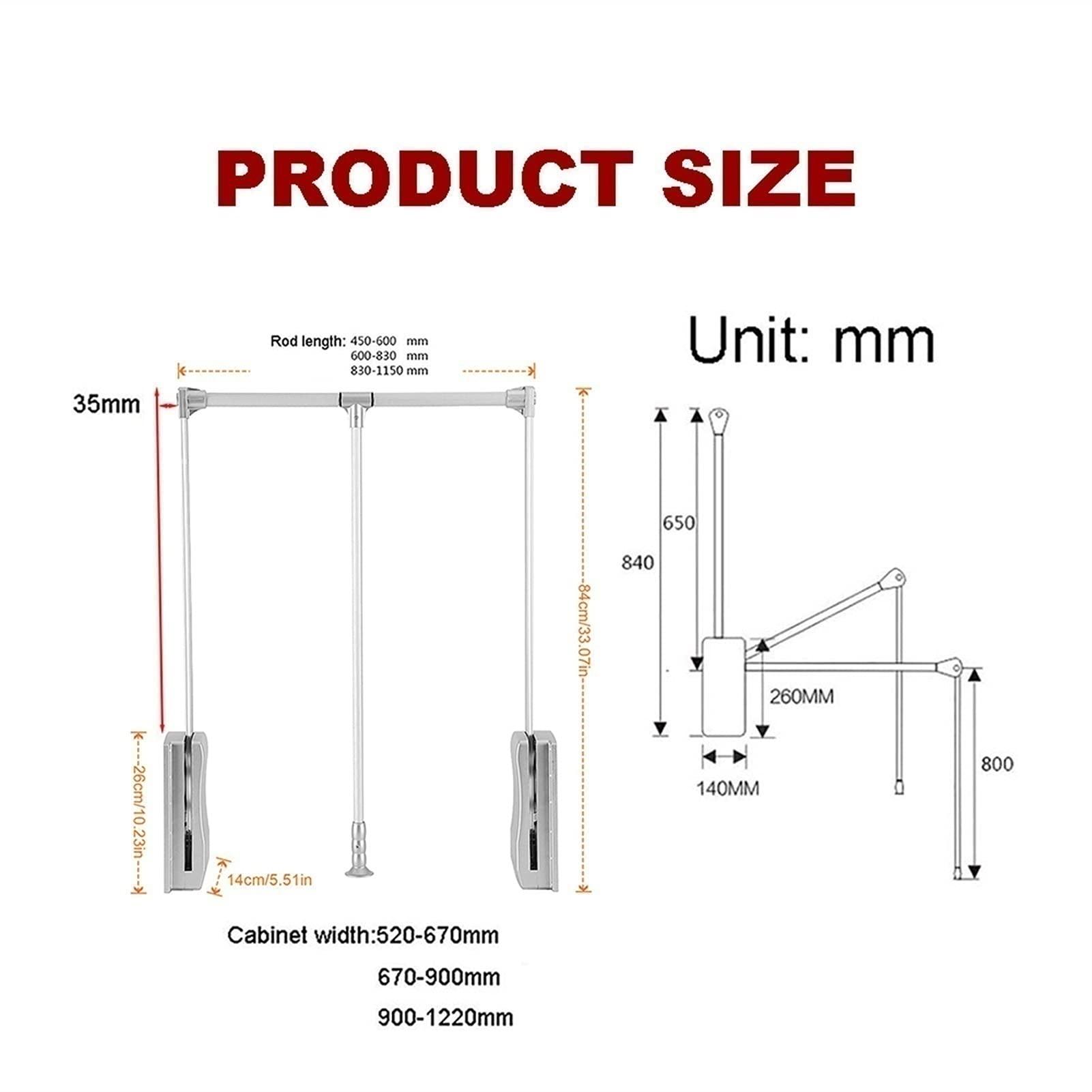 BELUND Black Lifting Hanger Pull Down Wardrobe Rail Auto Spring Back Width Adjustable Hanger Space Saving Soft Reset, Adjustable Closet Rod (Size : 830-1150mm)