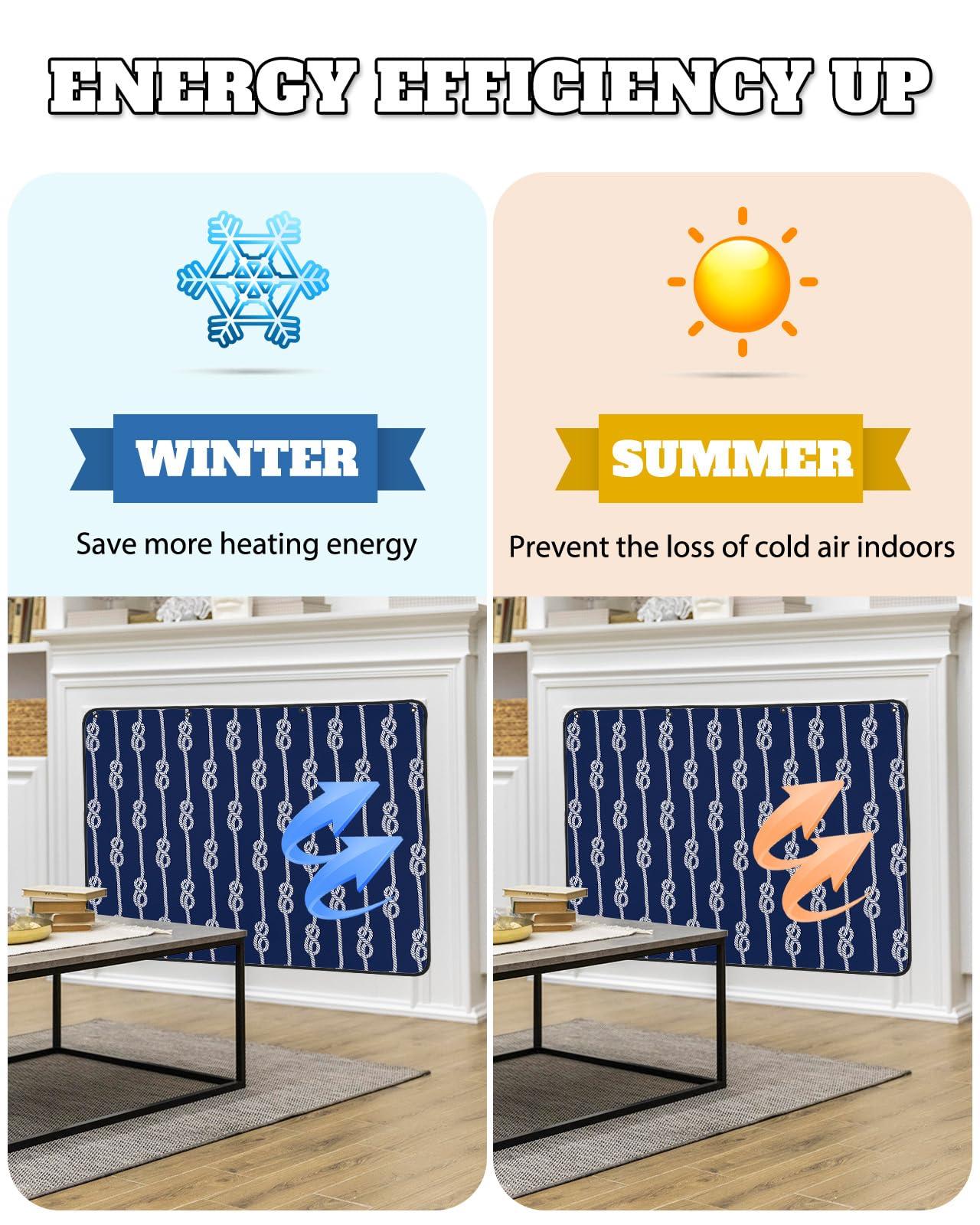 Shine-Home Nautical Knot Magnetic Fireplace Cover Decorative Indoor For Brick Fireplace, Insulation Fireplace Blocker Blanket Draft Stop Hot Heat Save Energy, Ocean Beach Sailboat Navy Blue 39\"Wx32\"H