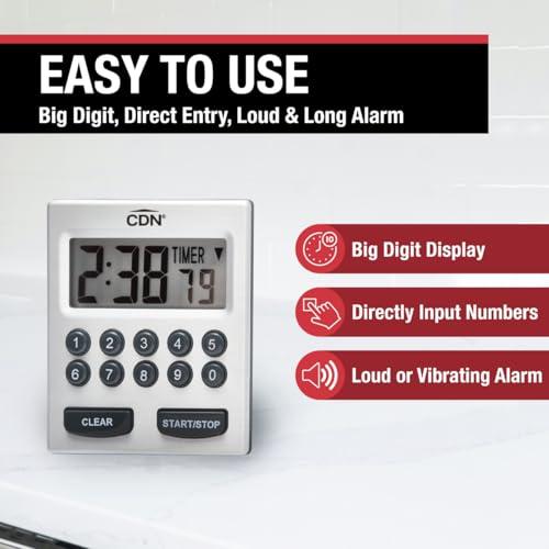 CDN CDN Direct Entry 2- Alarm Digital Kitchen Timer | Counts Up & Down, 10 Hours by Hours, Minutes & Seconds, Big Digit, Loud & Long Audio/Vibrate Alarm, Stand, Hang, Magnet Mounting - TM30