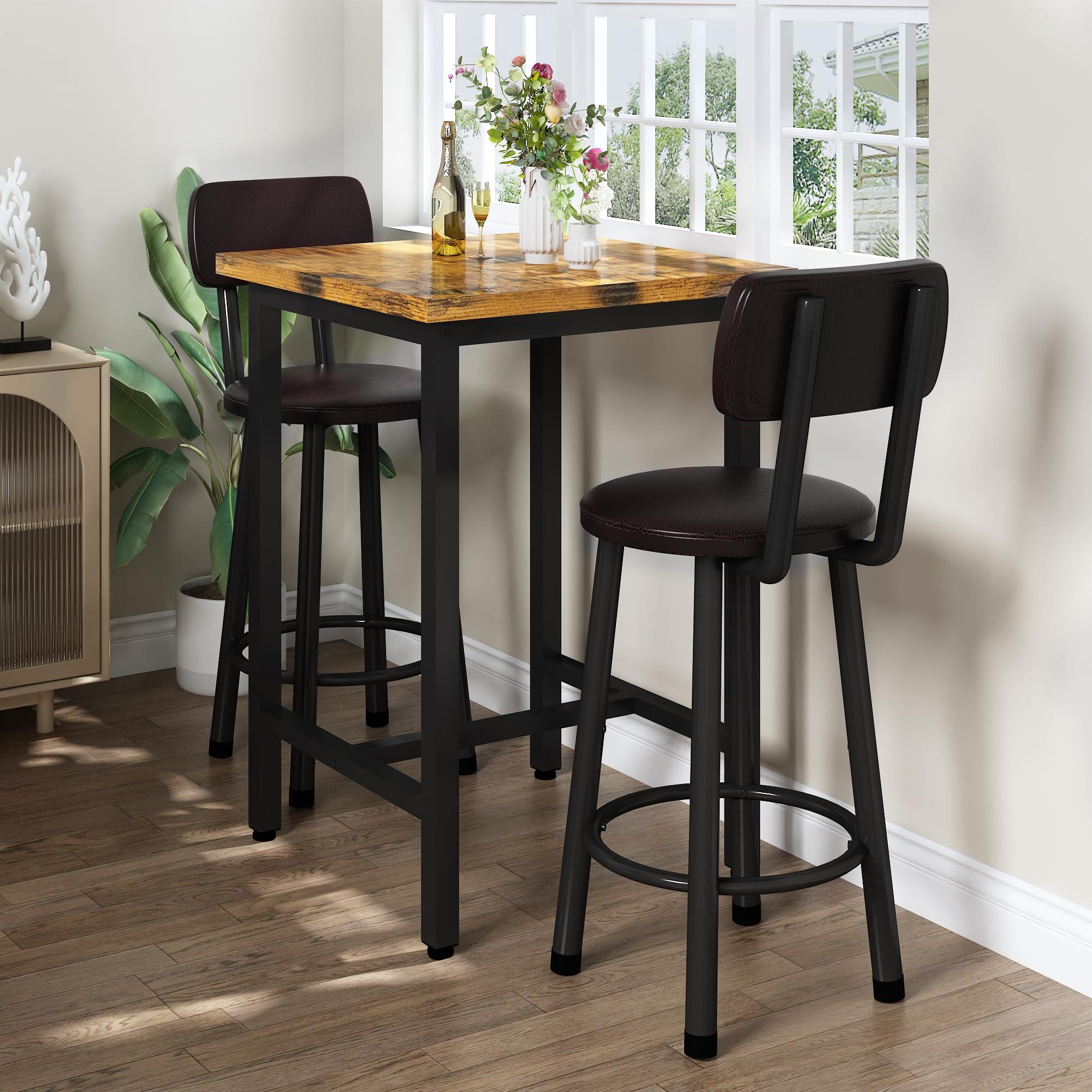 Recaceik Recaceik 3 Piece Pub Dining Set, Modern bar Table and Stools for 2 Kitchen Counter Height Wood Top Bistro Easy Assemble for Breakfast Nook Living Room Small Space Restaurant, Rustic Brown 24