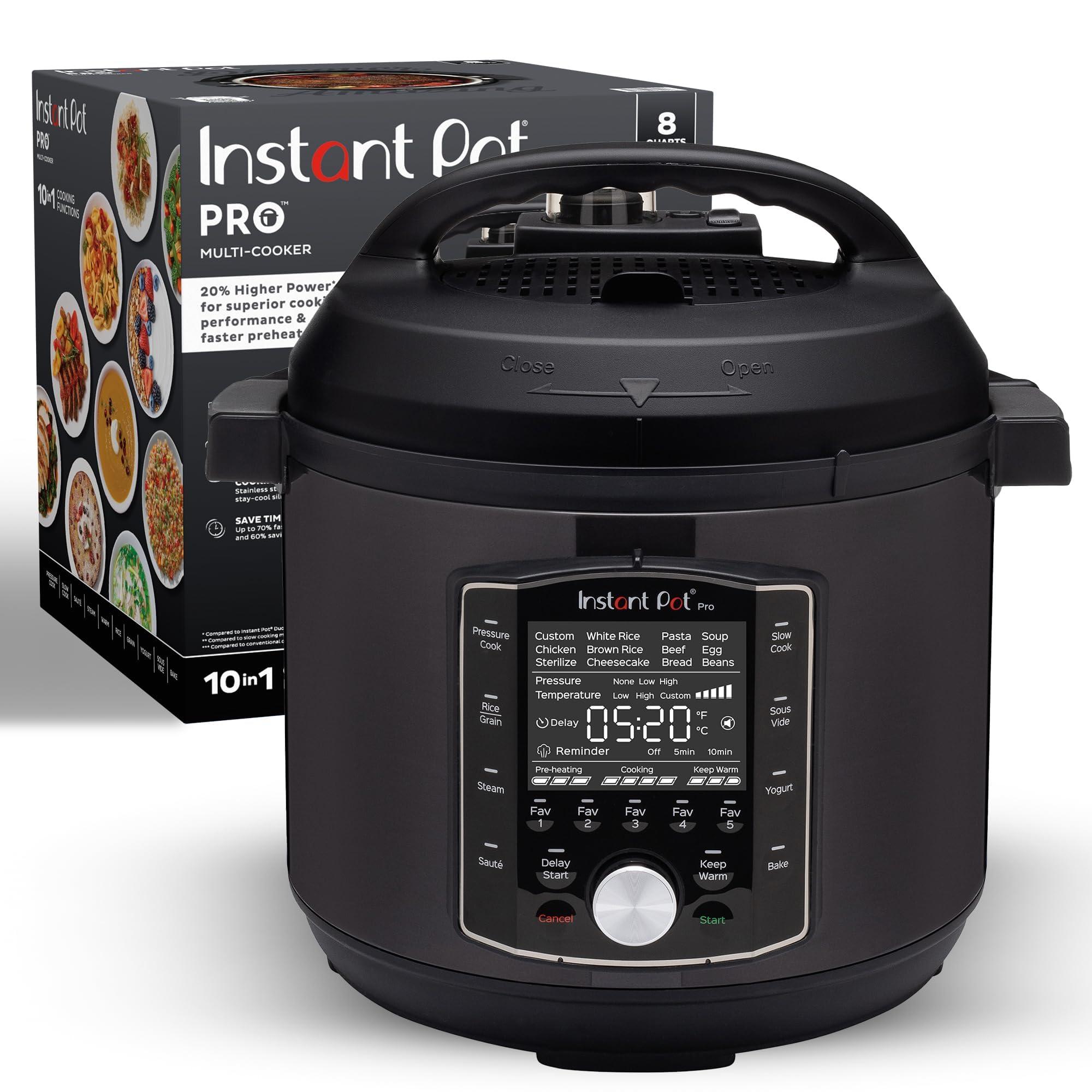 Instant Pot Instant Pot Pro (8 QT) 10-in-1 Pressure Cooker, Slow Cooker, Rice/Grain Cooker, Steamer, Saut, Sous Vide, Yogurt Maker, Sterilizer, and Warmer, Includes App With Over 800 Recipes, Black