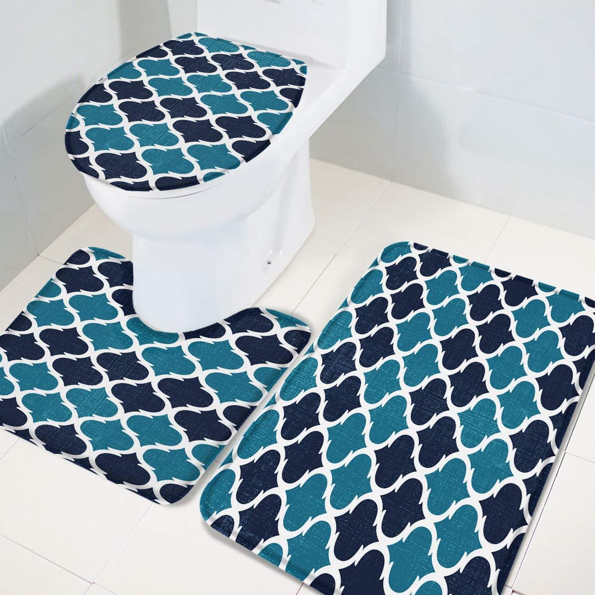 Heart Pain Heart Pain Bathroom Rug Set 3 Piece Morocco Lido Qua-Trefoil Geometric PatternBlue Navy Non-Slip Backing Bathroom Mat Anti-Skid U-Shape Contoured Toilet Mat Absorbent Toilet Seat Cover