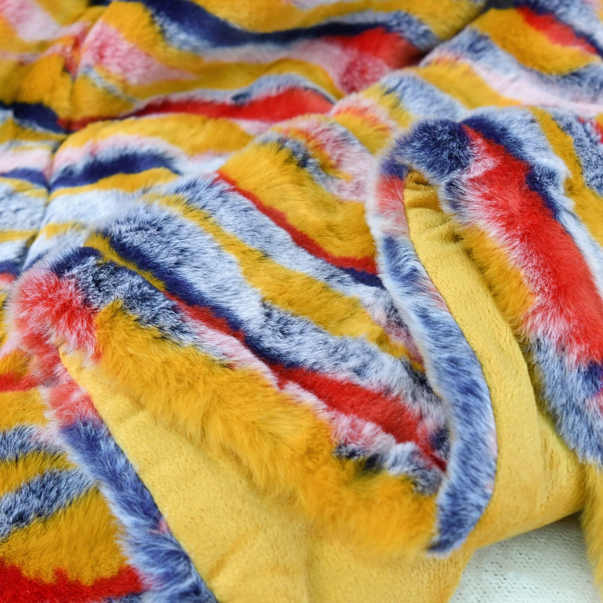 BYTIDE BYTIDE Multi Jacquard Tribal Style Rabbit Faux Fur Plush Throw Blankets with Micromink Back, Soft Warm Cozy Fluffy Fuzzy Luxury Throw for Couch Sofa Chair Bed Cover, 50\" x 60\", Orange Multi