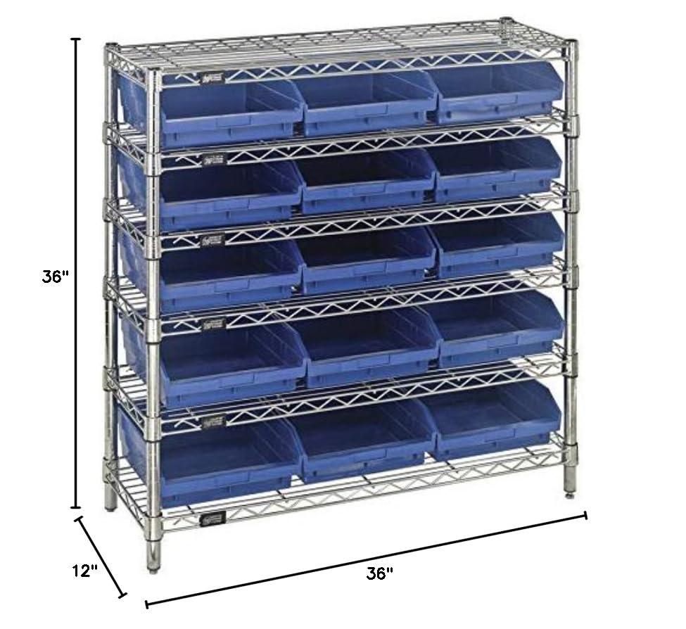 QUANTUM STORAGE SYSTEMS Quantum Storage Systems WR6-36-1236-109BL Wire Heavy Duty 6 Shelves 15 Economy Blue Bins 36" H x 36" W x 12" D