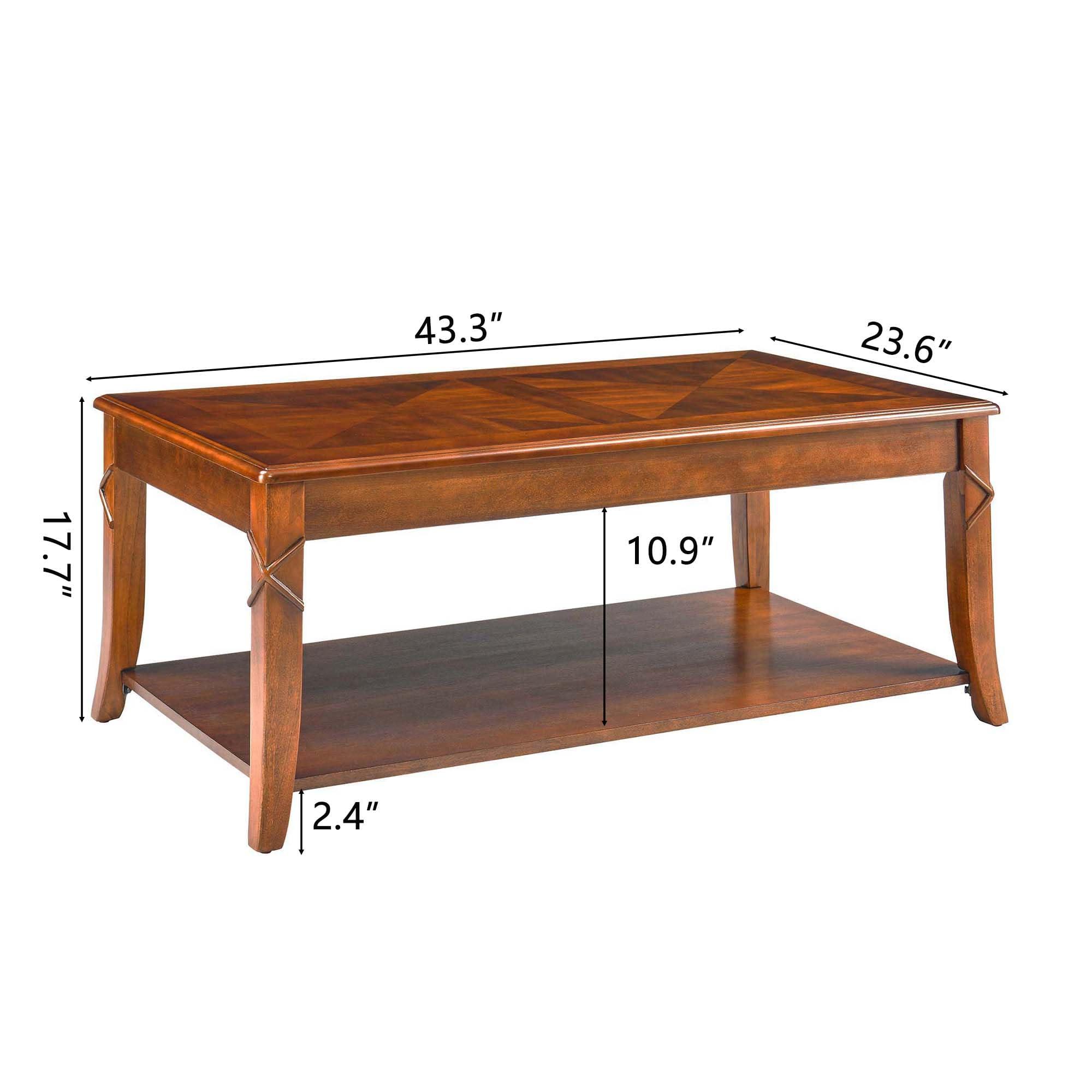 PADMA HOUSE PADMA HOUSE Solid Wood Coffee Table with Shelf, Vintage Rectangle Cocktail Table with Dual Hourglass Tabletop, Apartment Center Sofa Table with Curved Legs for Living Room, 43.3 * 23.6 * 17.7in