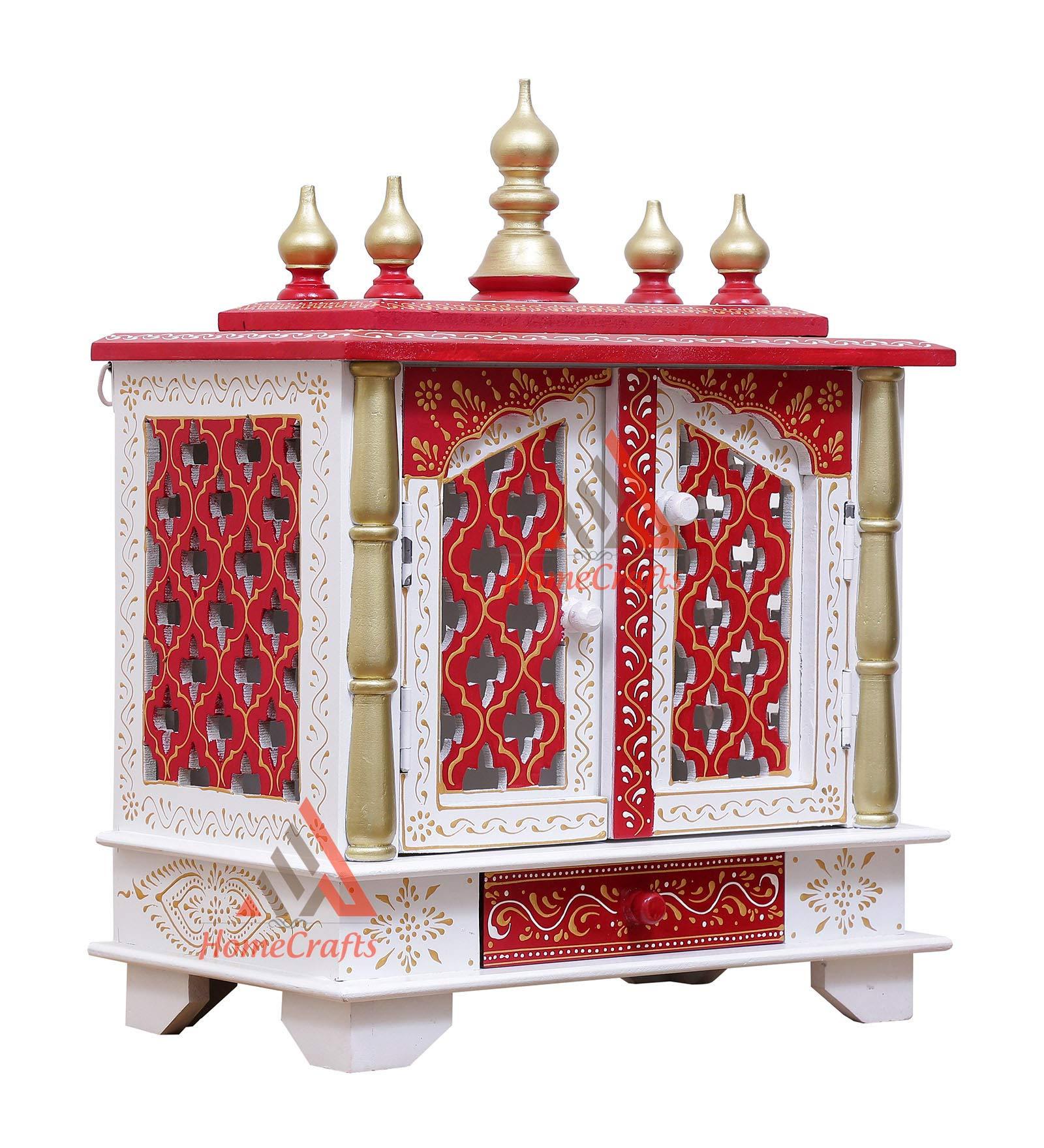 Homecrafts Handpainted Wooden Home Temple with Doors, Rajasthani Art (in Side Puja thali, Poja Books,God Pics.LED Lights nd More.