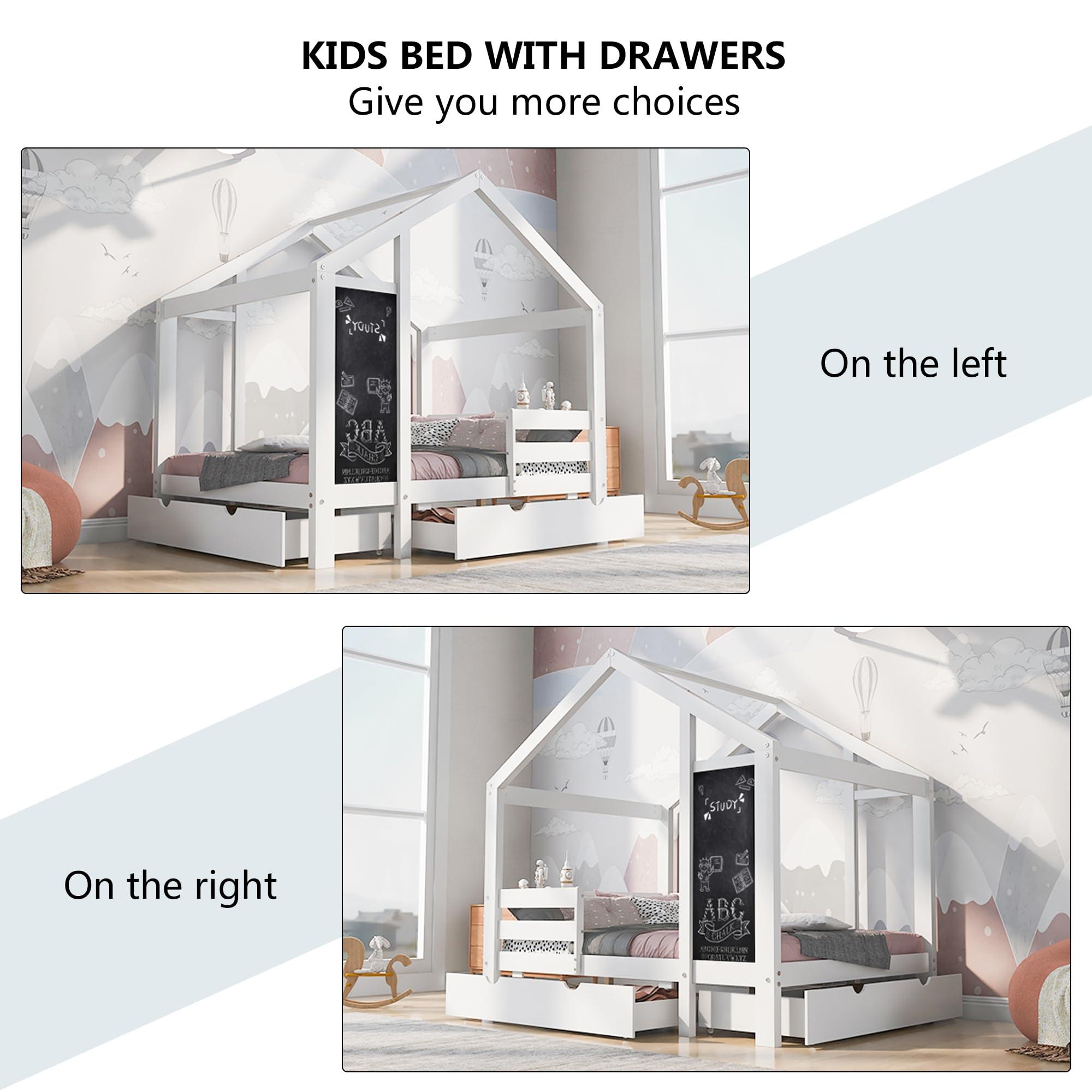 HUMEHA HUMEHA Twin House Bed with Drawers, Kids Platform Bed Frame with Blackboard, Montessori House Bed with Slats and Roof for Teens Girls Boys, 80.1\" L x 41.9\" W x 72\" H, White