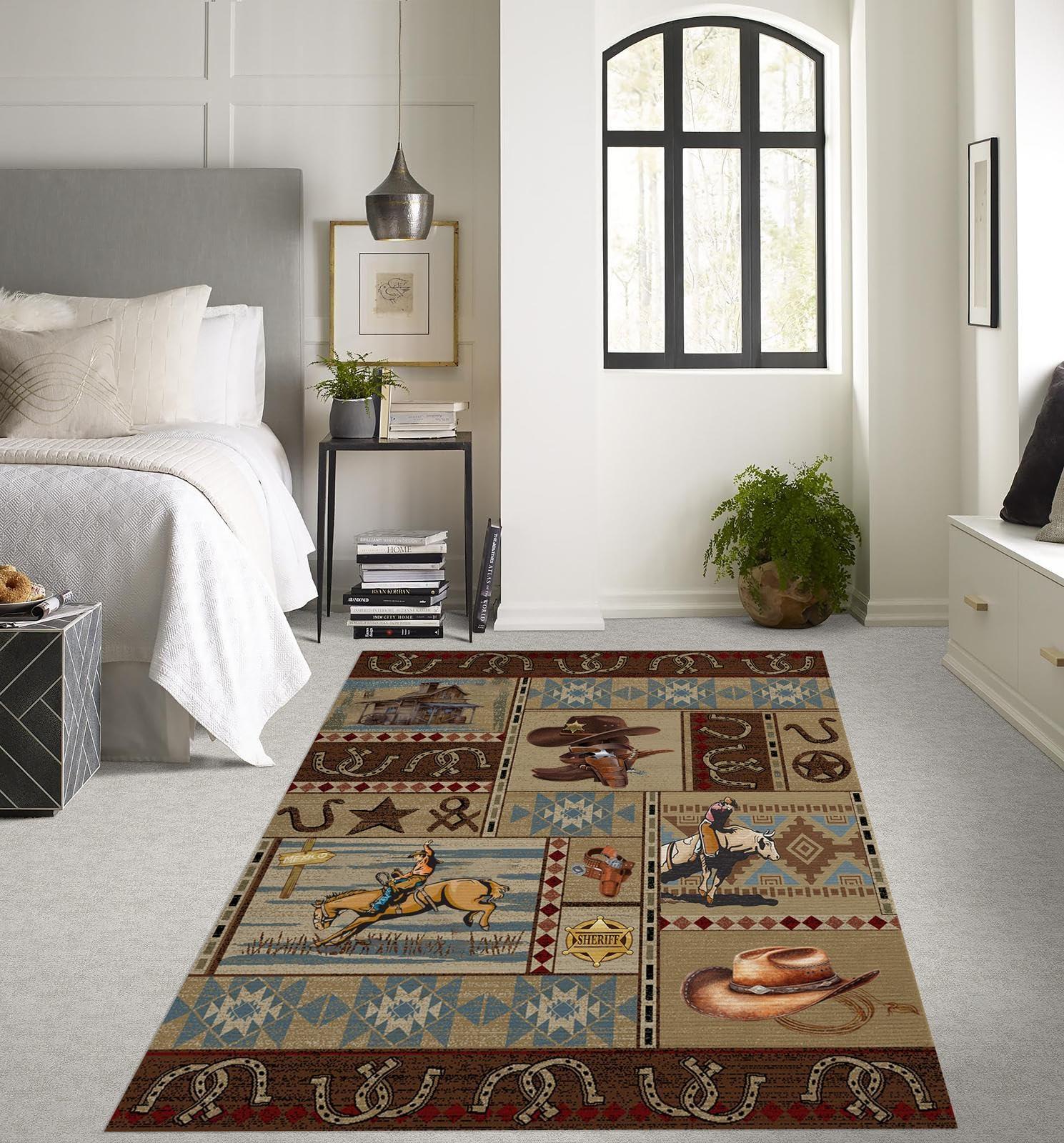 DECORAISES Combo Southwest Area Rug and Non-Slip Rug Tape for Timeless Home Decor in Kitchen, Living Room, Bedroom 4X6 ft, Western Cowboy Riding with Texas Star Panel Art - Southwestern Rug - Aztec rug CC01