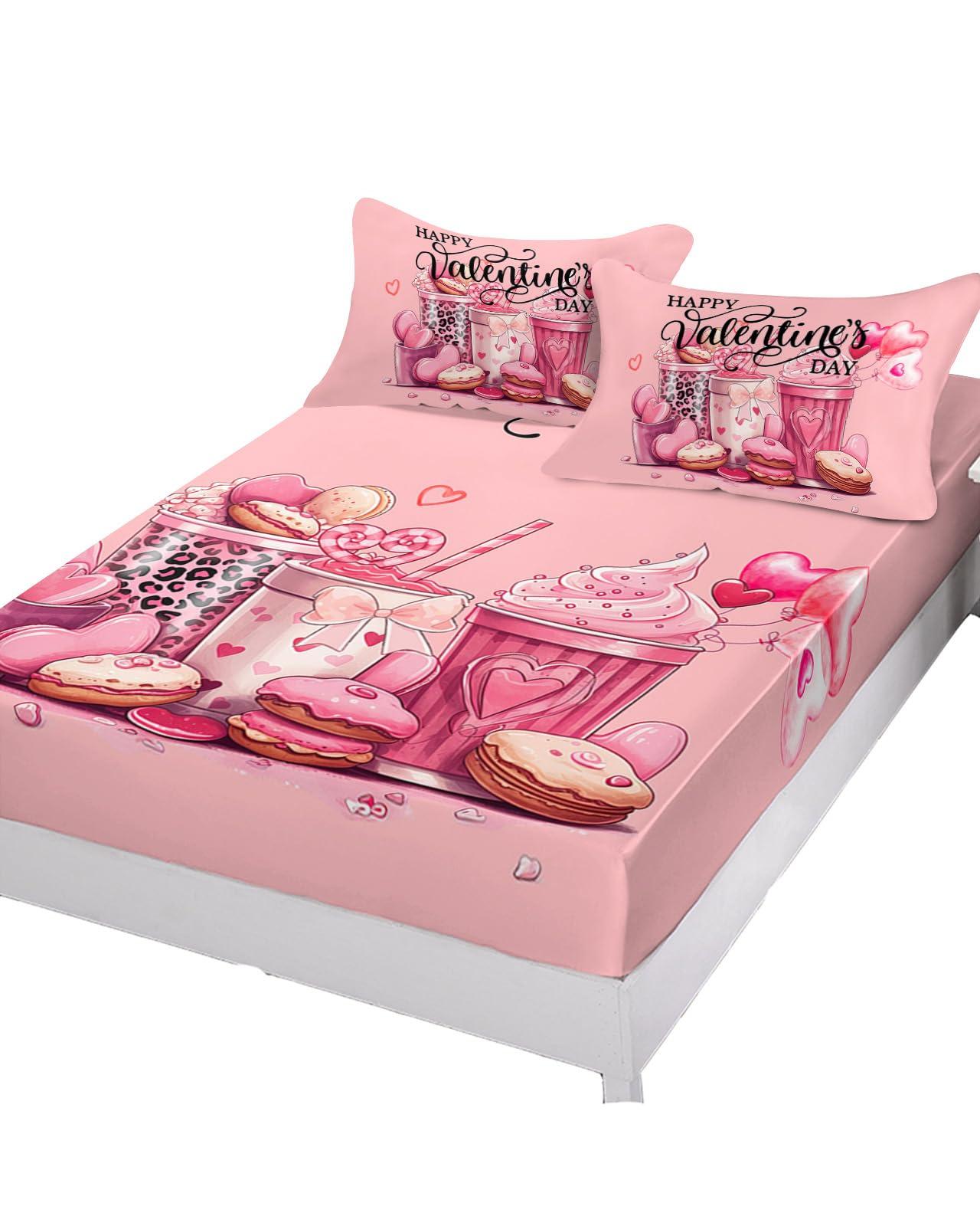 ZFUNCING Valentine\'s Day Fitted Sheet Twin XL Size,Dessert Macaron Cake Drinks Bottom Sheets Bedding Set 2pcs for Girls Women Room Decor,Romantic Pink Deep Pocket Bed Sheet&Pillowcases