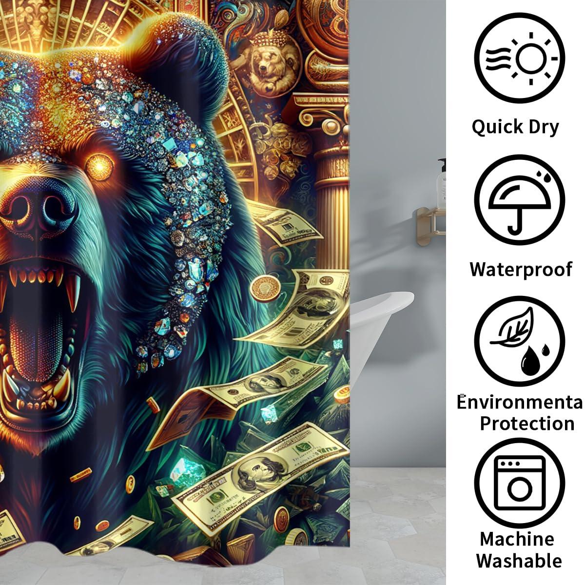 JretailAx Cool Cabin Wildlife Bear 4 Piece Shower Curtain Sets,Modern 100 Dollar Bill Cash Theme Angry Bear Non-Slip Rugs,Toilet Lid Cover and Bath Mat,Durable and Waterproof,for Bathroom Decor Set