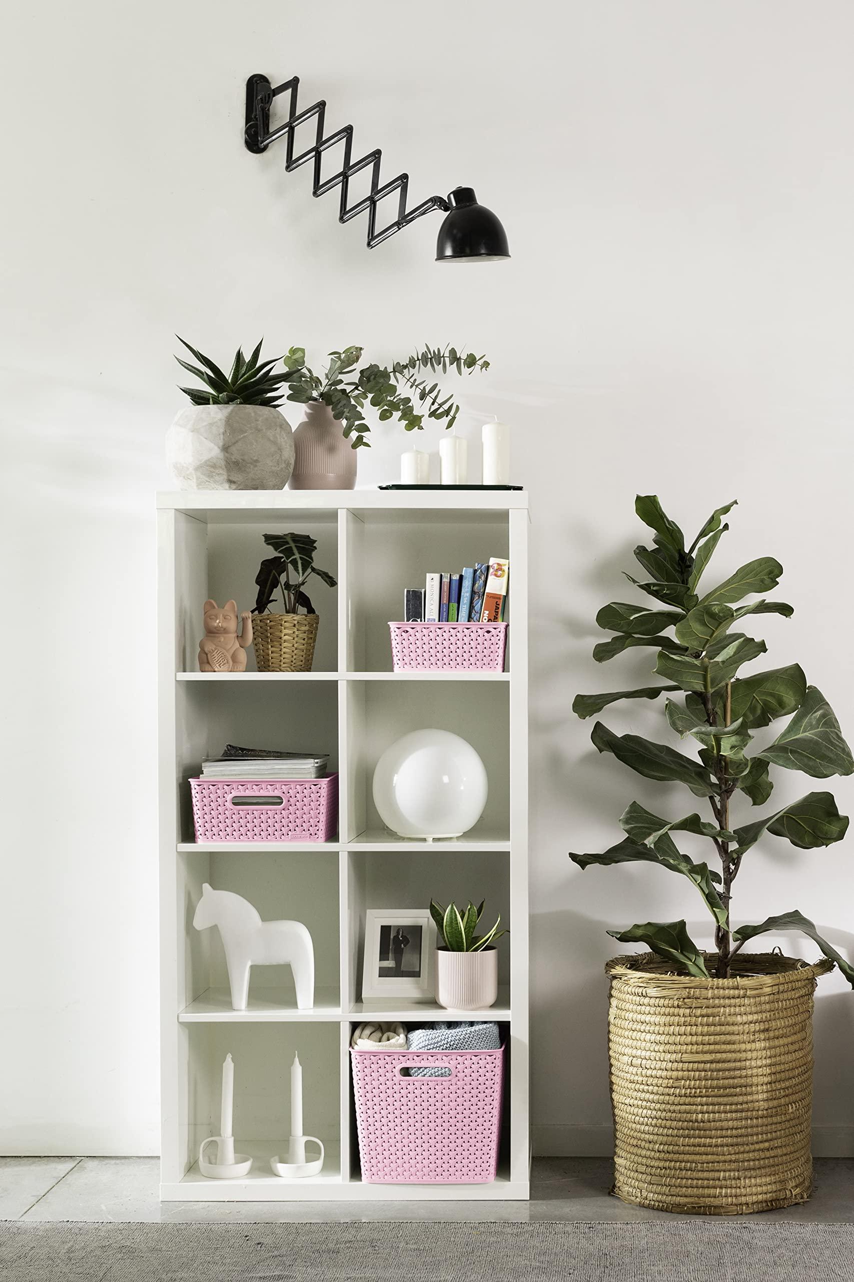 Curver Curver My Style Rattan Effect Set of 3 Kitchen, Living room, Bathroom, Bedroom, Utility Large Rectangular Storage Baskets 18 Litres - Pink